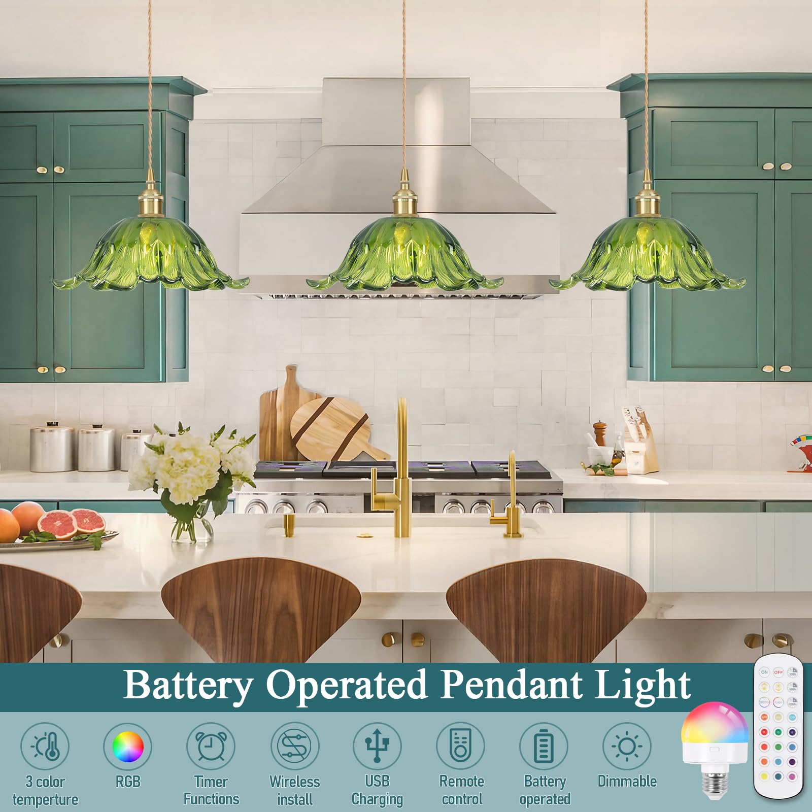 Loiogohot Battery Operated Pendant Light, Green Chandelier, 8.7in, Glass, Remote Control, Model PL-BN1176D-CD-GM
