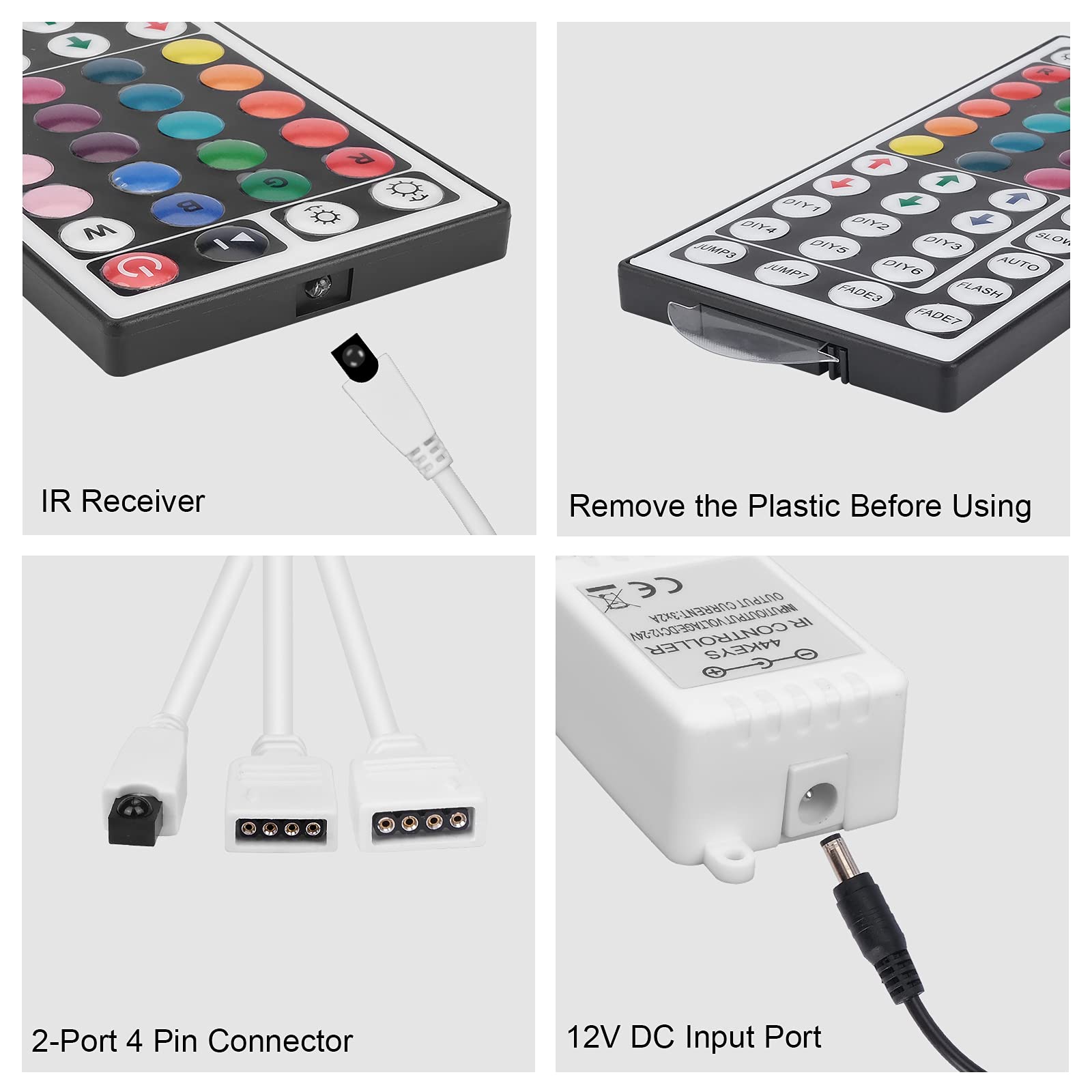 Hwylizg 2-Port 44 Key Ir Led Light Remote,Rgb Control Box+ Dc 12V 3A Led Power Supply Led Light Adapter+ 2 Pack 3.3Ft Extension Cable For 3528 5050 Rgb Led Strip Lights(Not Compatiable 24V Led Lights)