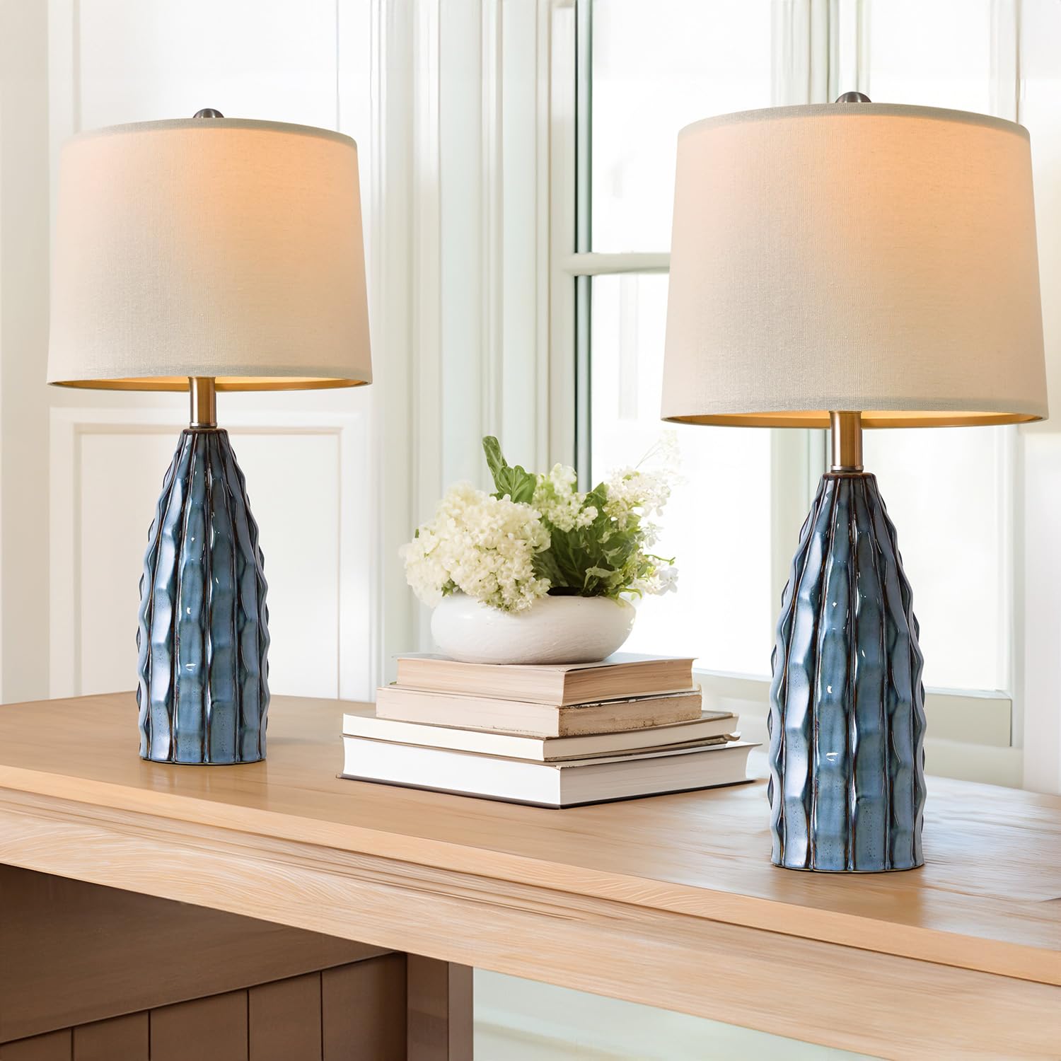 USumkky 23.75'' Modern Blue Ceramic Lamps Set of 2 for Living Room Study Room Office Dorm Farmhouse Nightstand, End Table Lamps