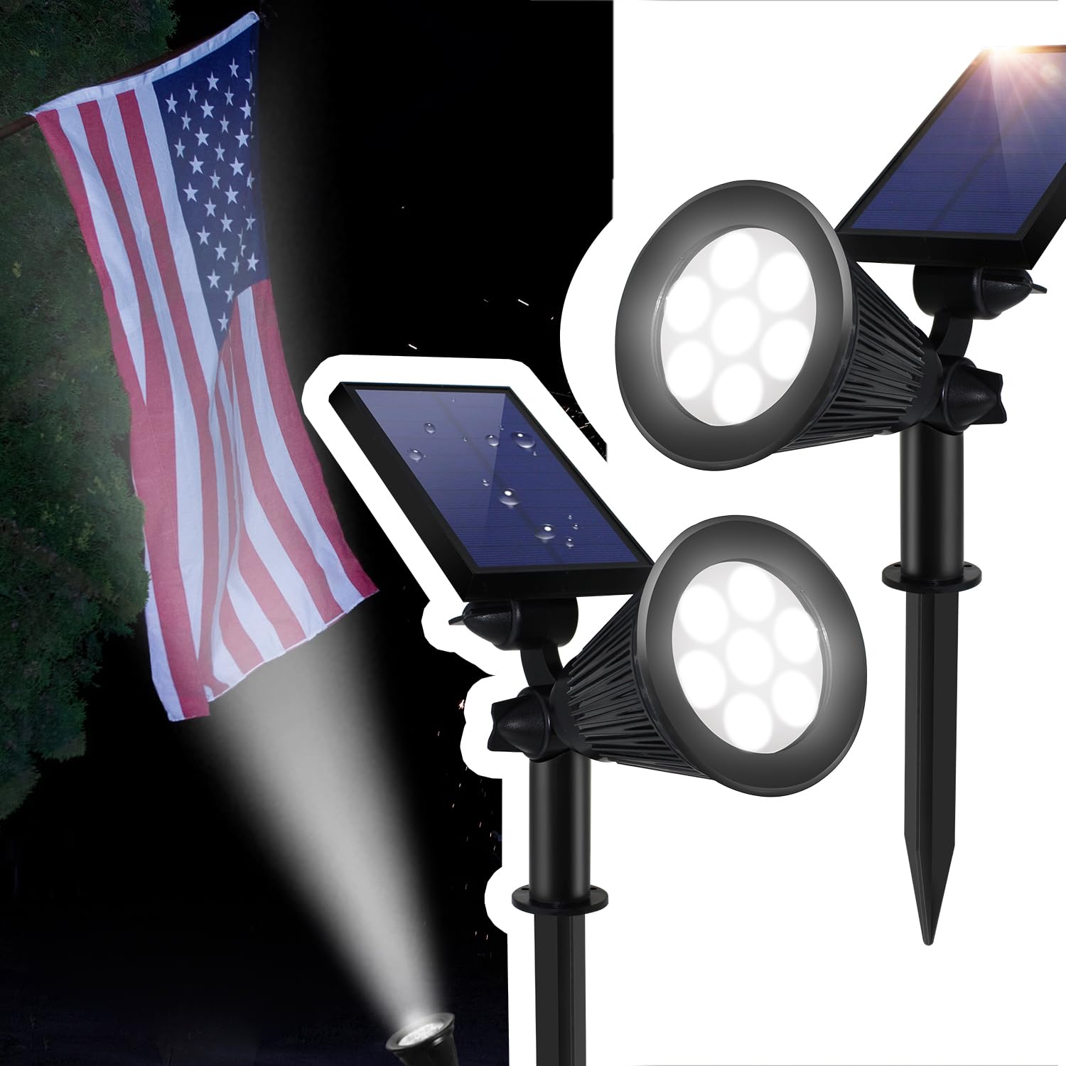Solar Spotlights, Outdoor Ground Spot Light for Flag Pole, Bright 7-LED Dusk-to-Dawn Waterproof Landscape Flagpole Lights, 2-in-