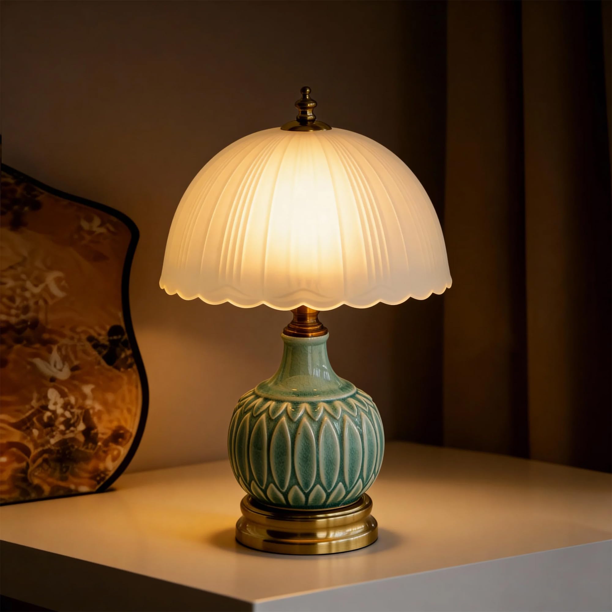URLIGHTS Ceramic Pattern Table Lamp with Frosted Glass Lampshade  Desk Bedside Small Lamps with 6ft Power Cord for Living Room Night Stands Bedroom (Bamboo Leaf)