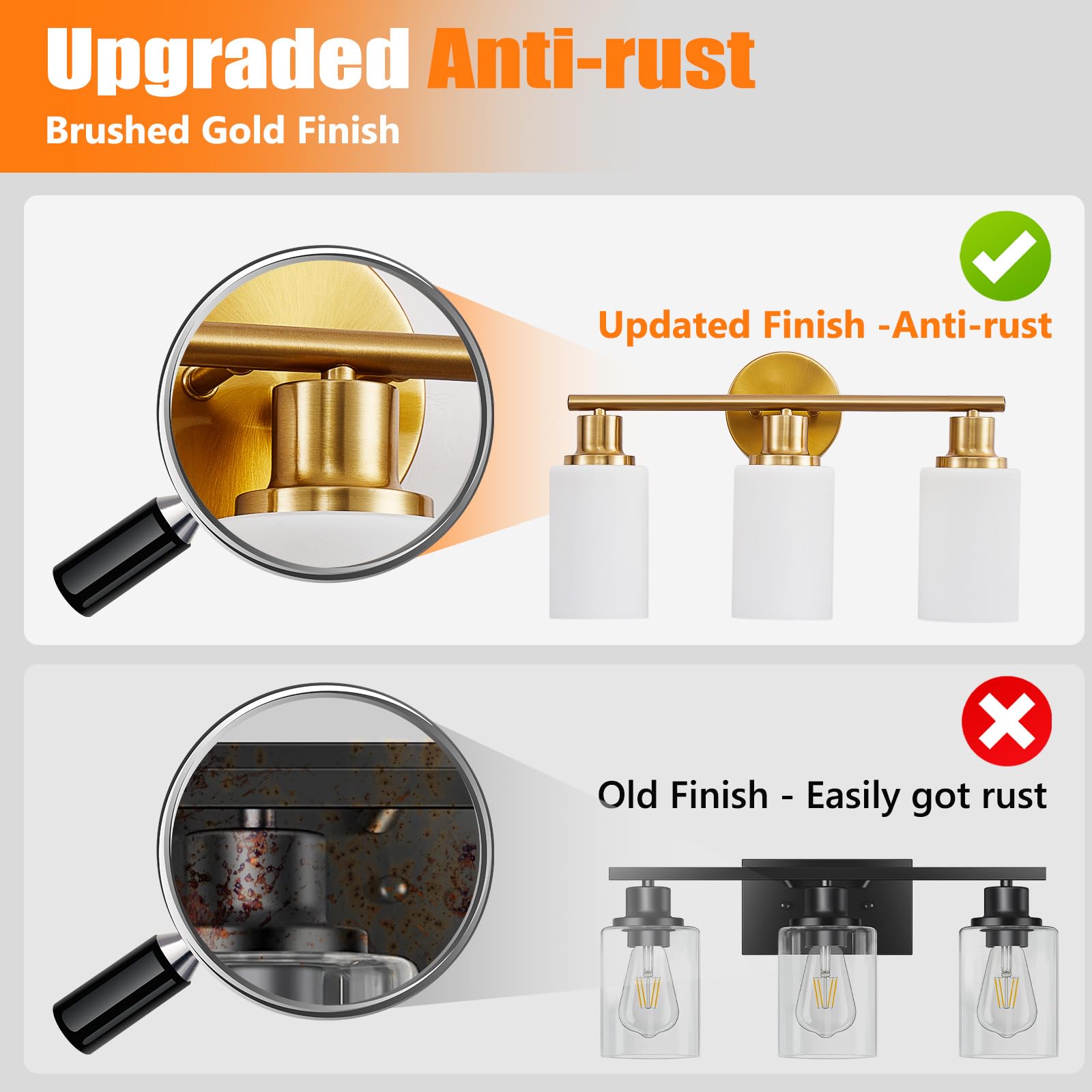 DINGLILIGHTING DLLT 3-Light Bathroom Light Fixtures, Gold Vanity Lights, Milky White Glass Shade, Brushed Gold, Model DLLT-3L-MWBG