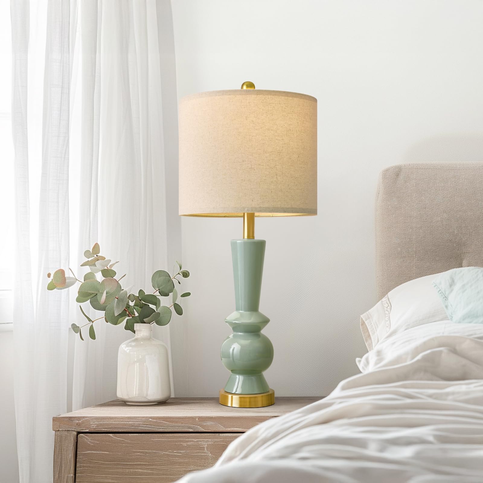 PORTRES 27" Modern Ceramic Table Lamp Set of 2, Green & Gold, Ideal for Living Room, Bedroom Nightstand, Model AMZ-T1216