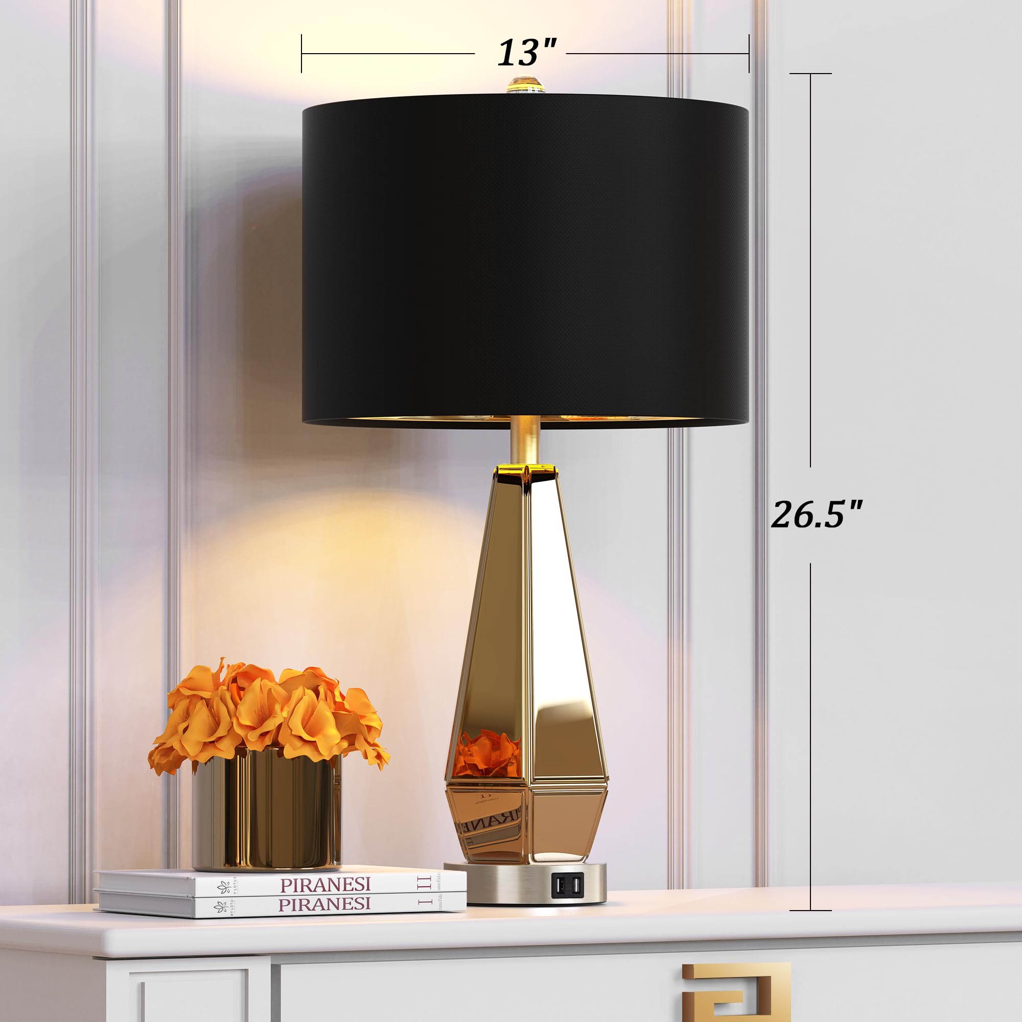 Hamucd Set Of 2 Mirrored Glass Bedside Table Lamps With 2 Usb Ports For Bedrooms Modern Amber Side Nightstand Lamps With Gold Bl