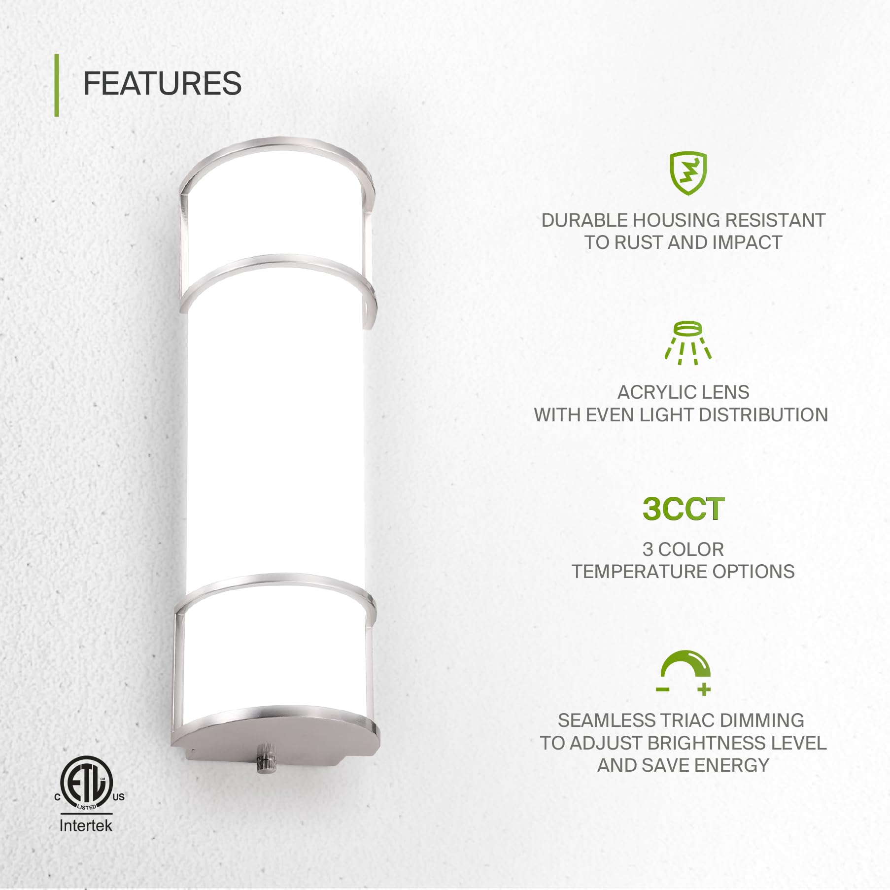 Asd Led 18 Inch Flush Mount Vanity Lighting Fixture | 20W 2300Lm 3000K-5000K 100-277V | 3Cct, Dimmable, Etl Listed | Bathroom Li