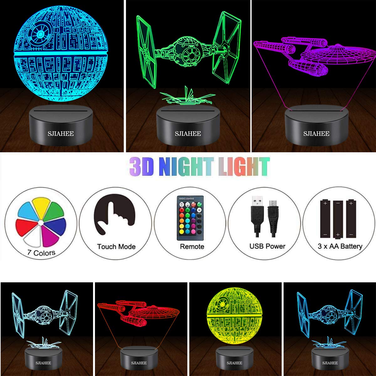 SJIAHEE 3D Star Wars Lamp - Remote Control, 16 Color Changing, Acrylic, Black, Model 1101