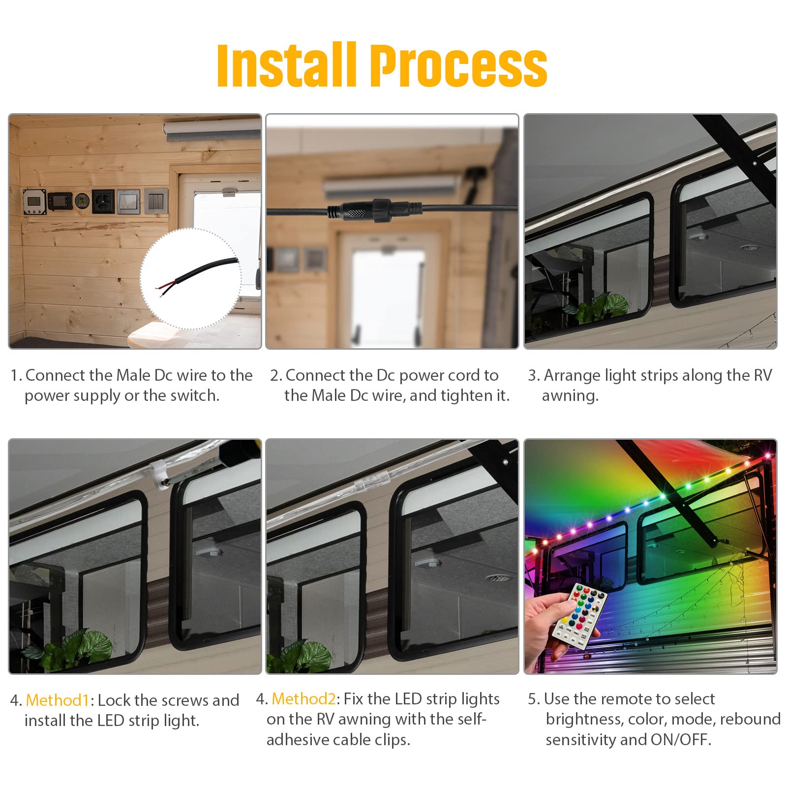 Waybelive LED RV Awning Lights, 16.4Ft Multicolor Strip Light, Remote Control, Waterproof, DC 12V, Model 3e83c7f8-33a