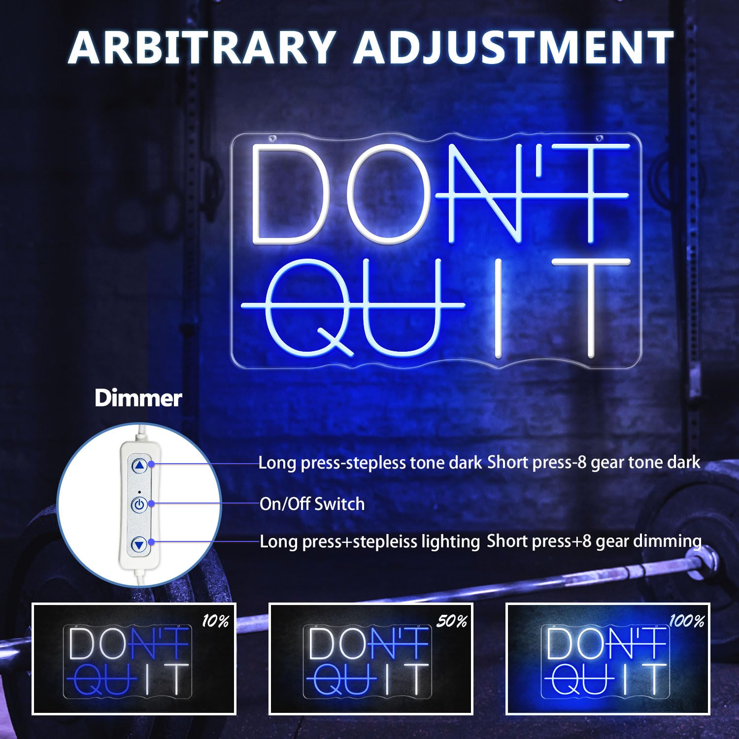 HAJAE LED Neon Sign - DONT QUIT Wall Decor, Dimmable, USB Powered, Blue & White