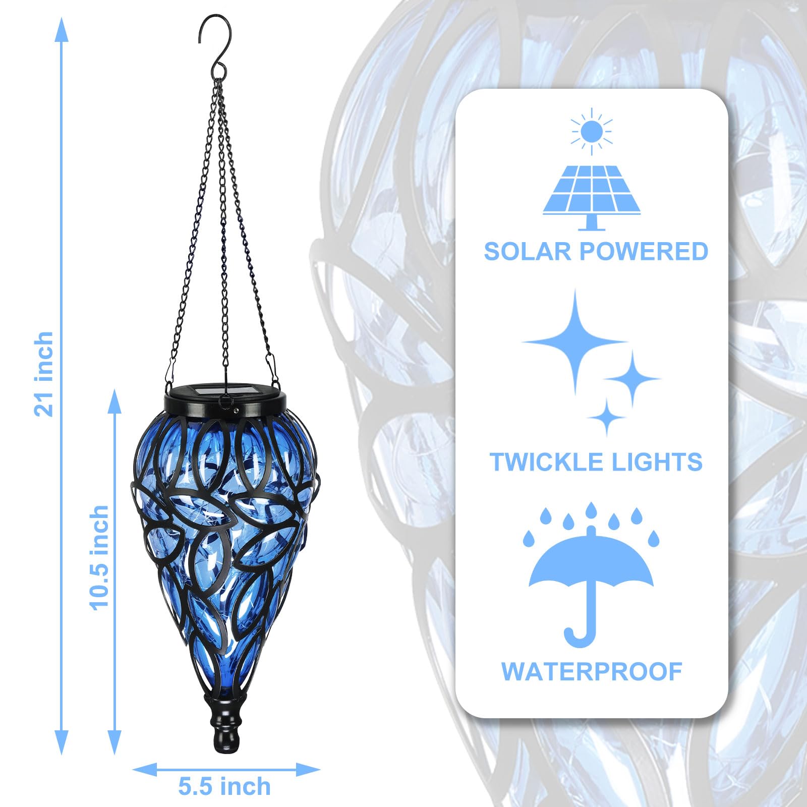 LEWIS&WAYNE Solar Hanging Lantern - Tear-Shaped 15 LEDs Cool White Outdoor Lights with S Hooks, Blue for Garden, Yard, and Pathway