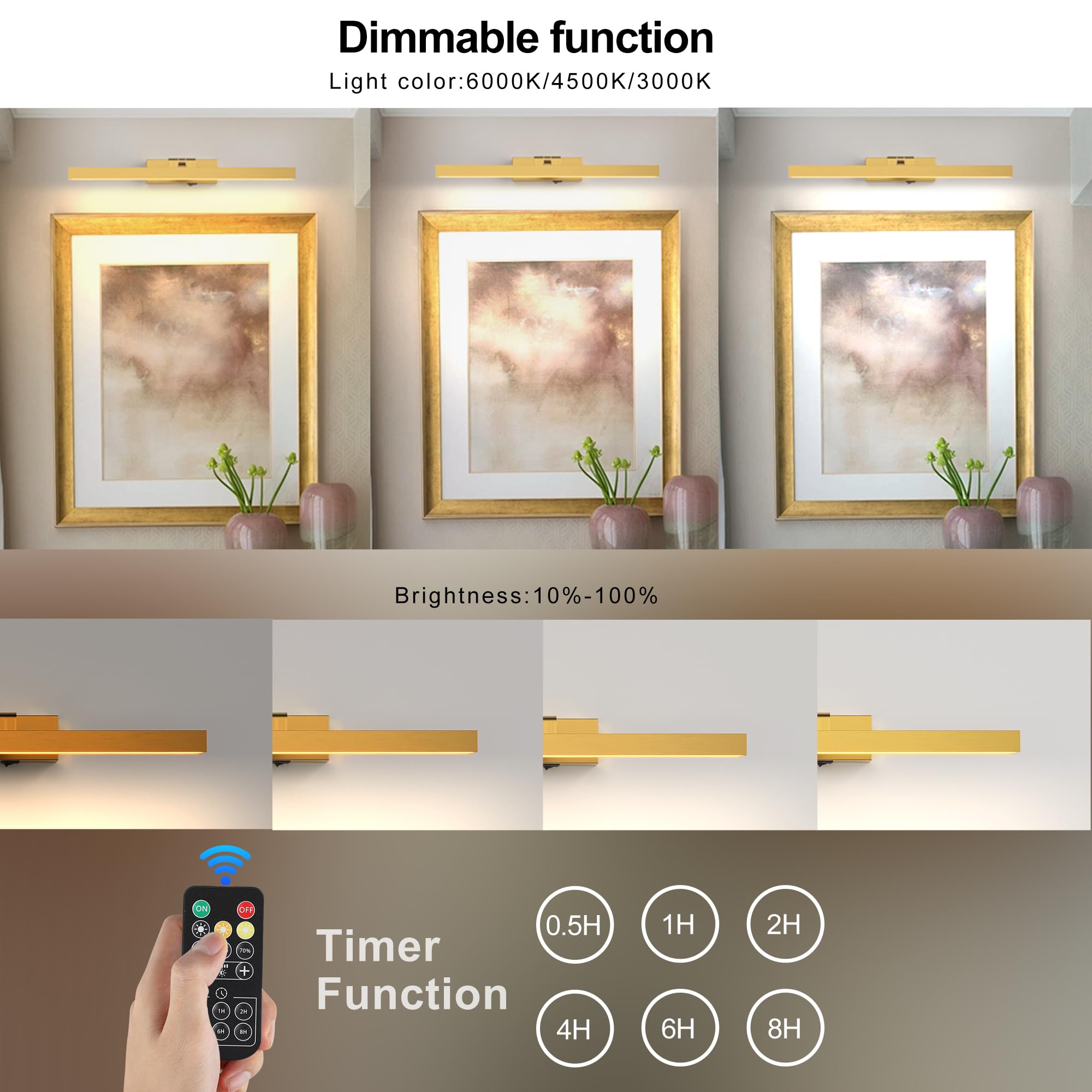 Zitostory Gold Picture Lights For Wall Dimmable Wireless Picture Lights For Paintings Adjustable Wall Sconce With Remote (Brass,
