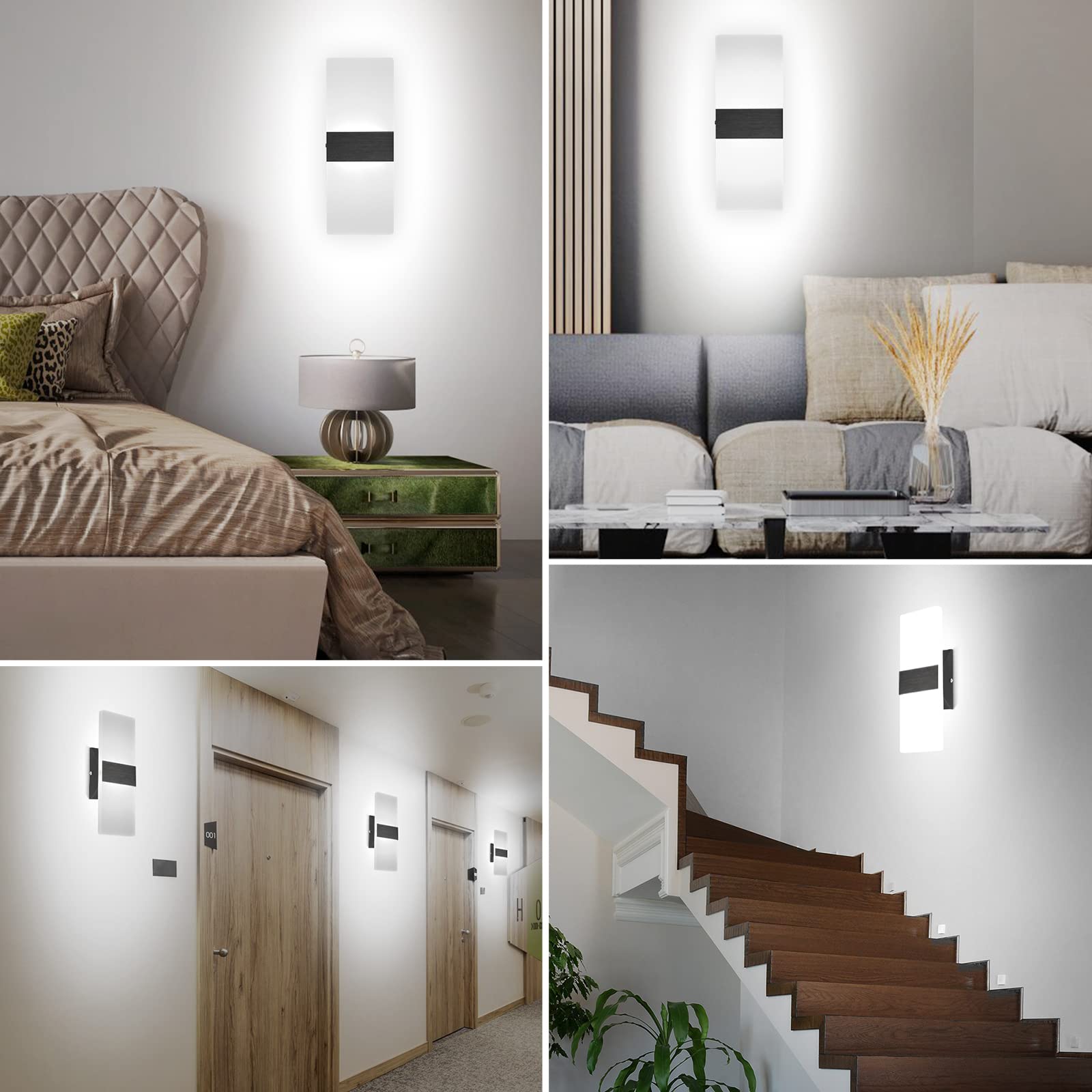 TRLIFE Dimmable Wall Sconces Set of 2 Hardwired LED Lights 12W Cool White Black Brushed Aluminum YKL-6000K-Bla