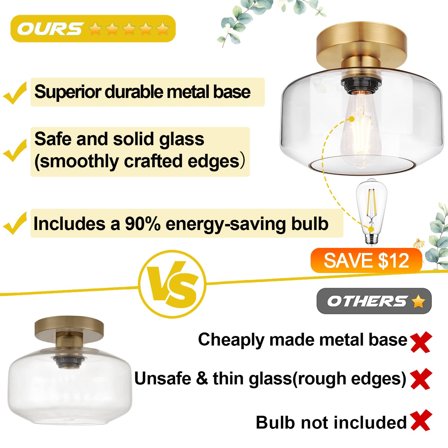 Lynnoland Industrial Semi Flush Mount Ceiling Light, 800 Lumen LED, Brushed Gold, Clear Glass Shade, Model N1900CL03