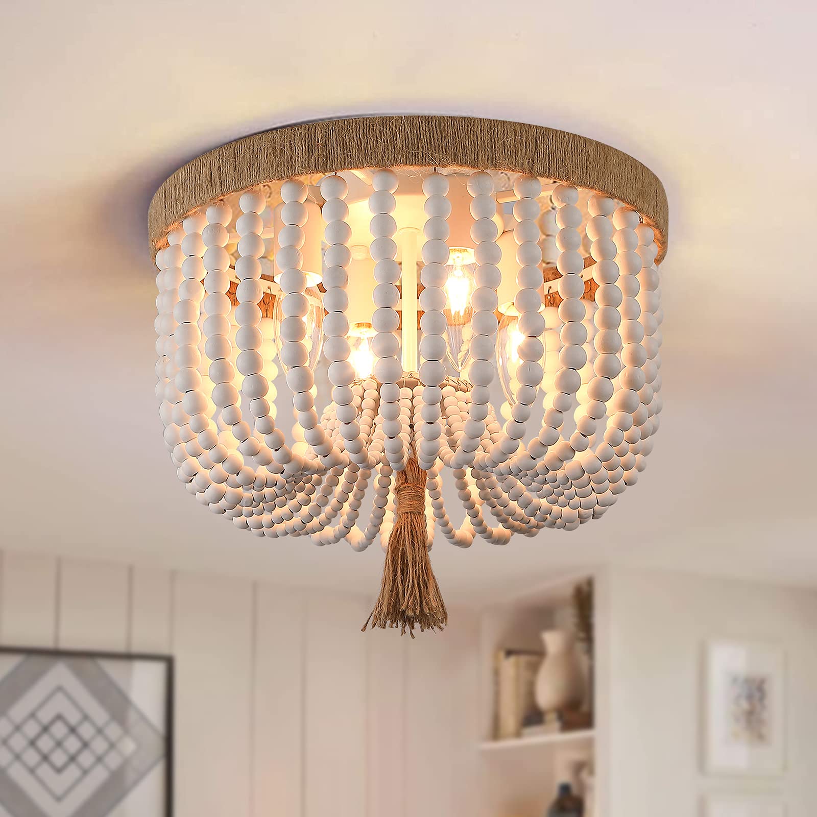 Kaerdi Beaded Light Fixture Flush Mount Ceiling Light White Bohemia Antique Farmhouse Wood Boho Chandelier For Kitchen Island Be