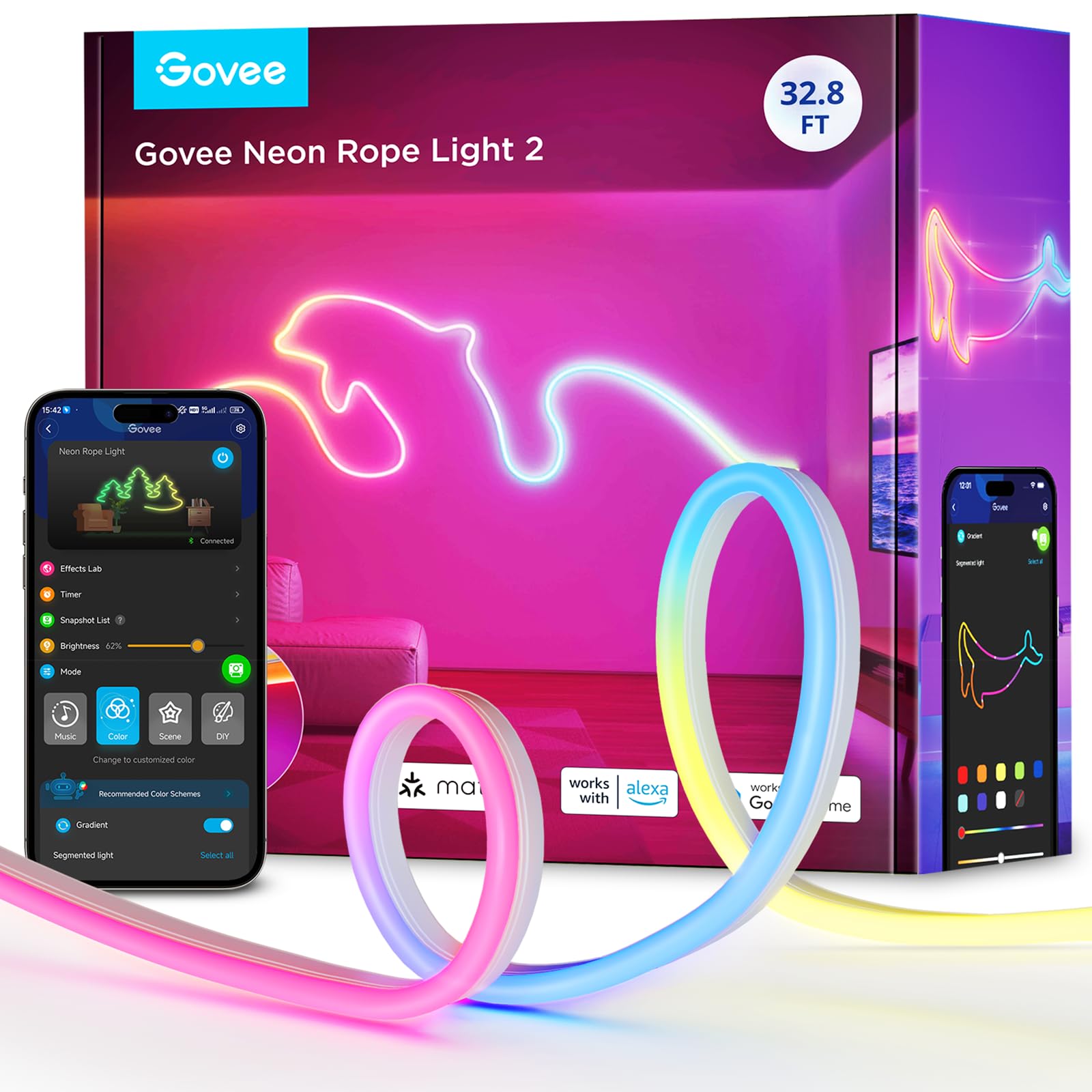 Govee RGBIC Neon Rope Light, 32.8ft, Smart LED with Matter, Alexa, Google Assistant, White, Model H61D6