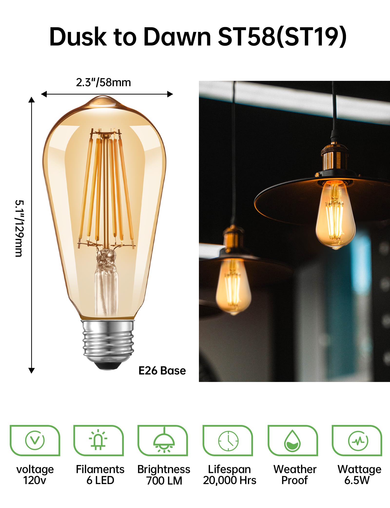 Qualilux Edison Light Bulbs, Vintage Amber Glass, 6.5W=60W, Auto On/Off, 2-Pack, E26, 700LM, Non-Dimmable