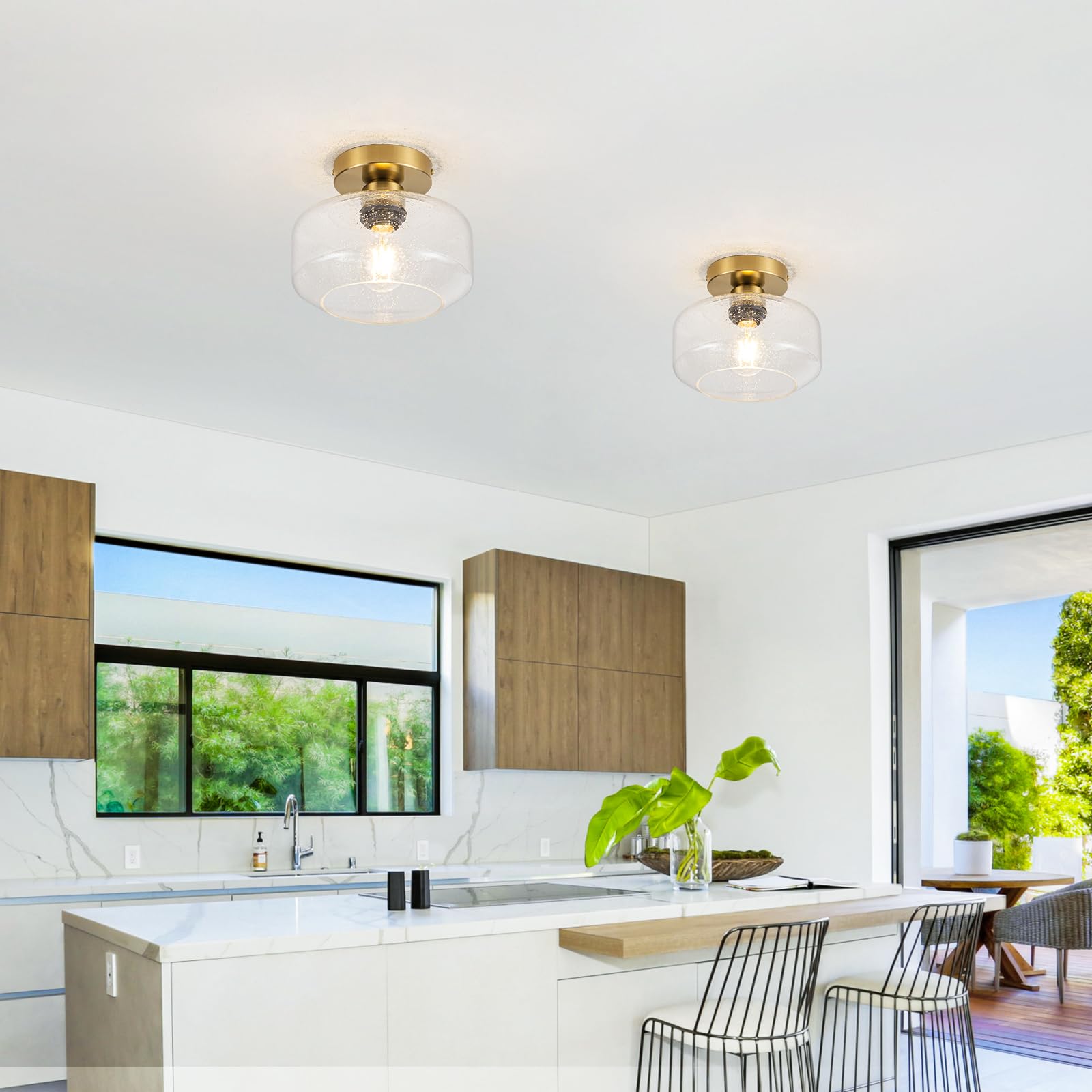 Tbaoinla Simple And Elegant Semi Flush Mount Ceiling Light Seeded Glass Brass And Golden Metal Base Includes 900 Lumen Led Light