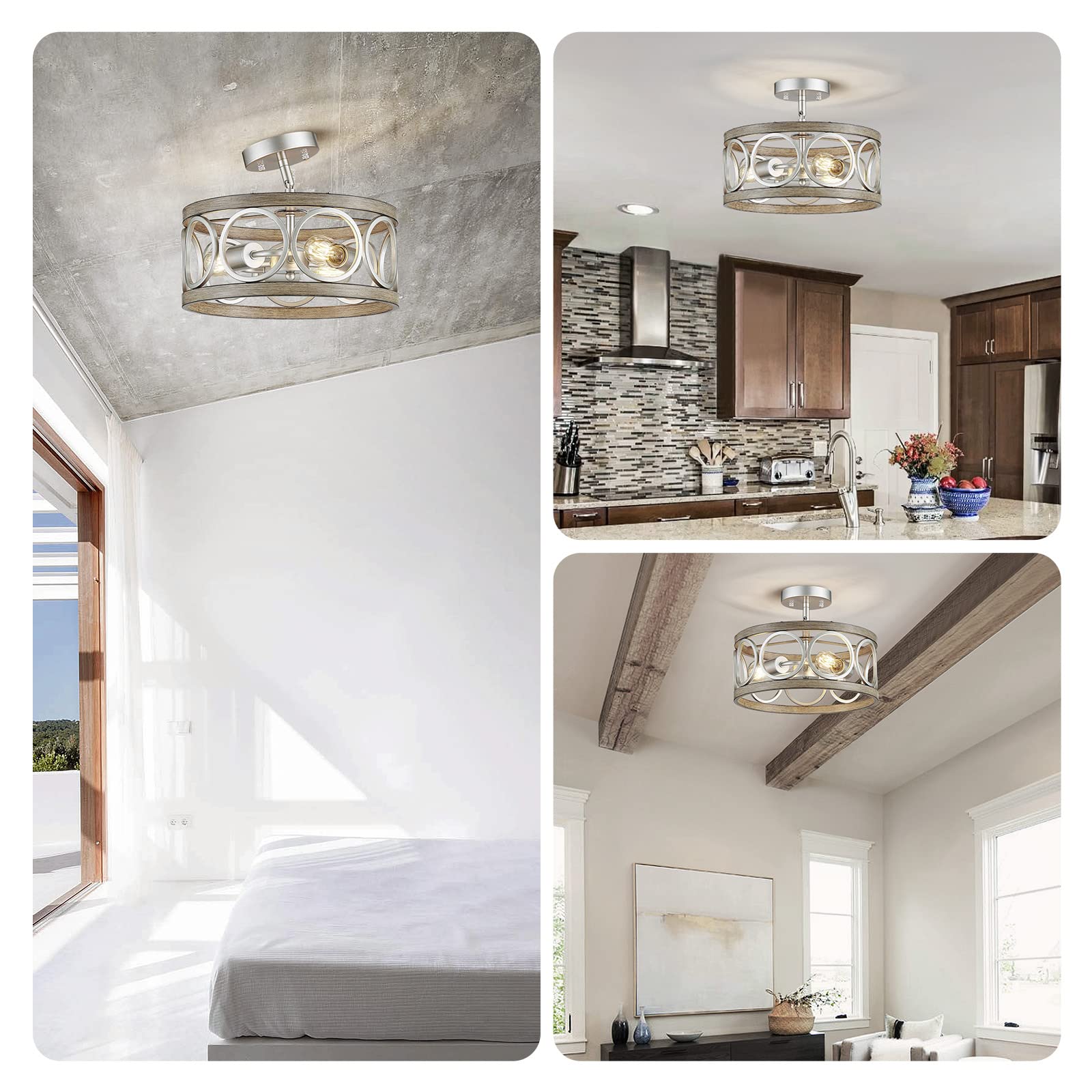 XINGQI Modern 3-Light Ceiling Light Fixture, Brushed Nickel & Wood Grain, Semi Flush Mount for Kitchen, Dining Room, Bedroom