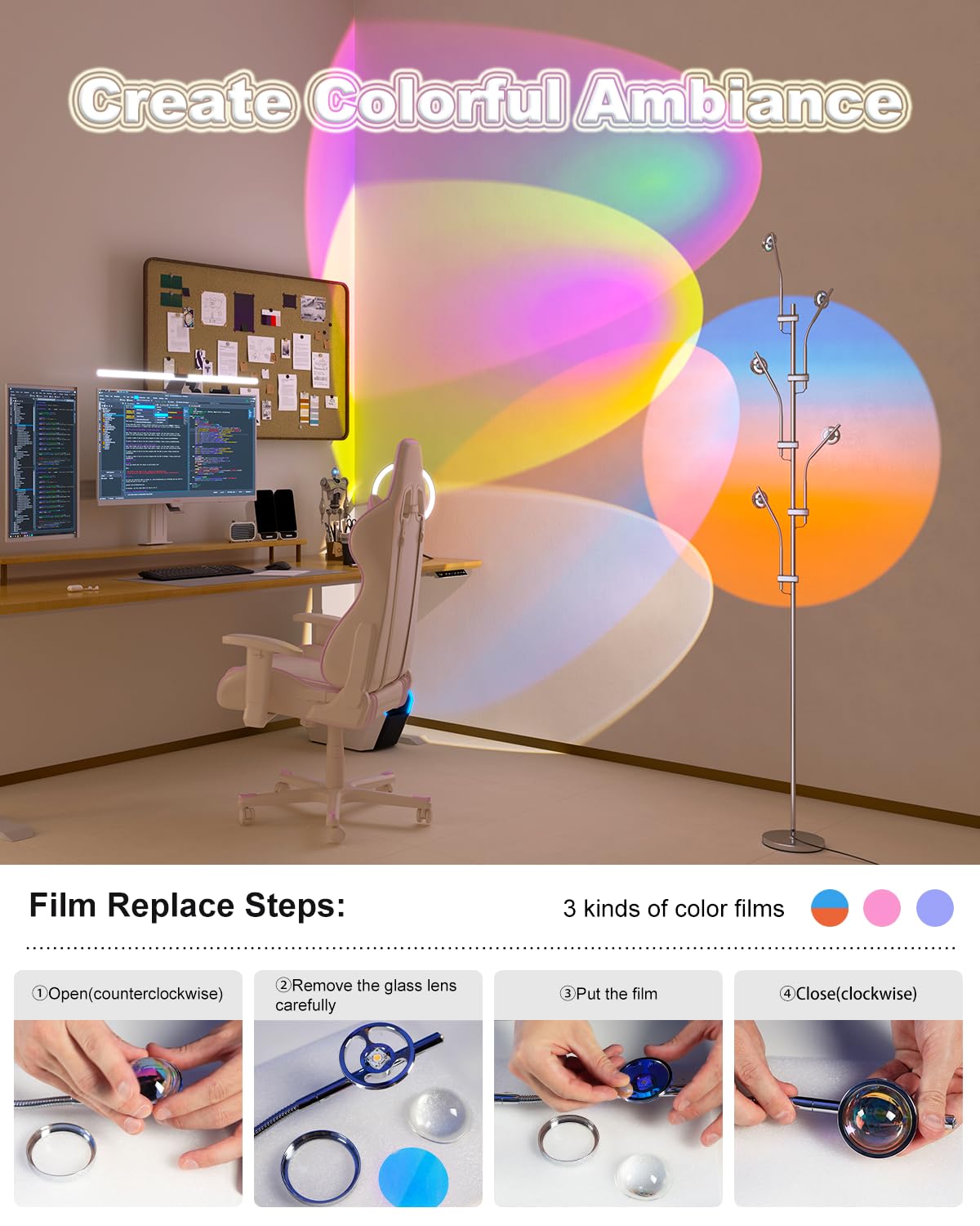 TACAHE RGBW Halo Projector Floor Lamp - 73" LED, Chrome, Model TCH-5H-HFL-C-DE, Replaceable Color Filters, Ambient Lighting for Home