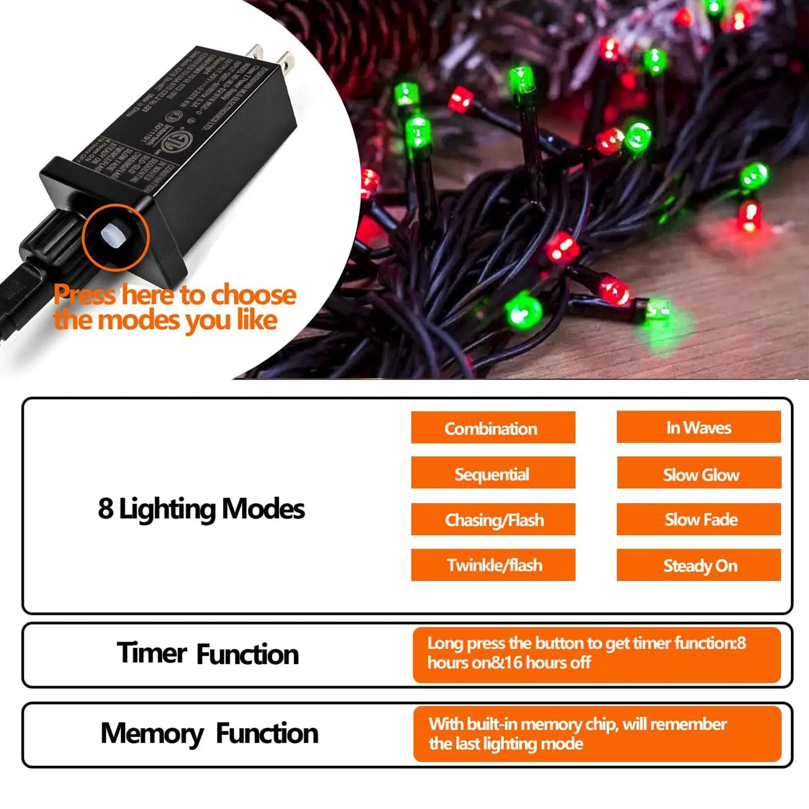 75.8 Ft 200 Led Red And Green Christmas Lights Indoor Outdoor, Timer & Memory Function & 8 Modes, Extendable Green Wire, Waterpr