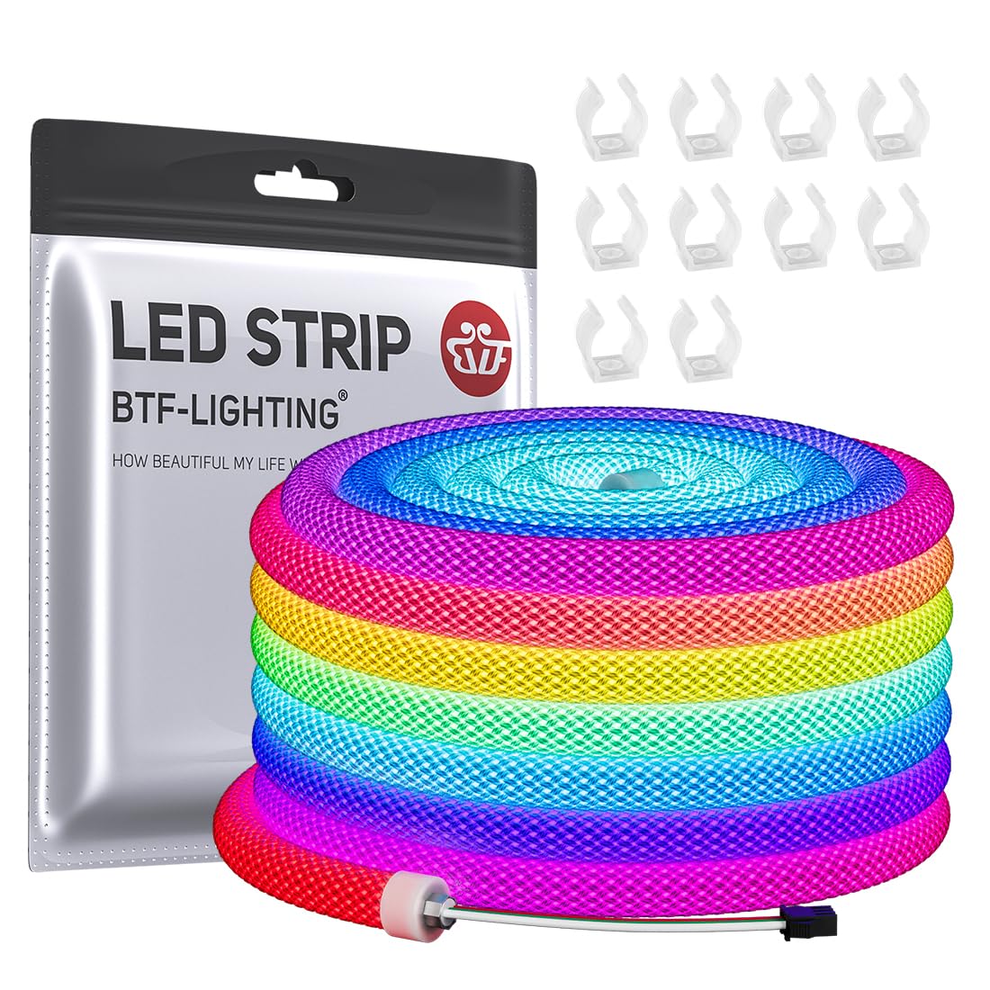 BTF-LIGHTING 16.4FT WS2811 WS2812B IC RGB 360 Degree Round Reticulate Pattern Chasing Color Neon LED Strip Flexible Nylon Silico