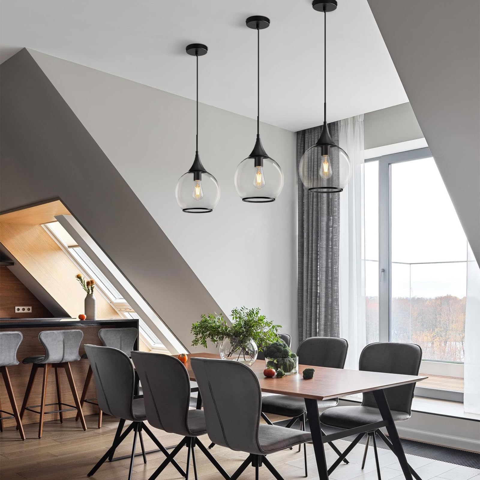Hahzt Pendant Lights Kitchen Island: 3 Pack Black Light Fixture Modern With Clear Glass - 10 Inch Mid Century Globe Kitchen Ligh