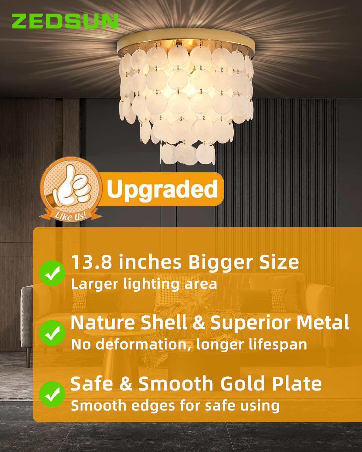 ZEDSUN Capiz Chandelier 5 Lights Shell Ceiling Fixture 24in  Chrome Silver 9002-Chrome