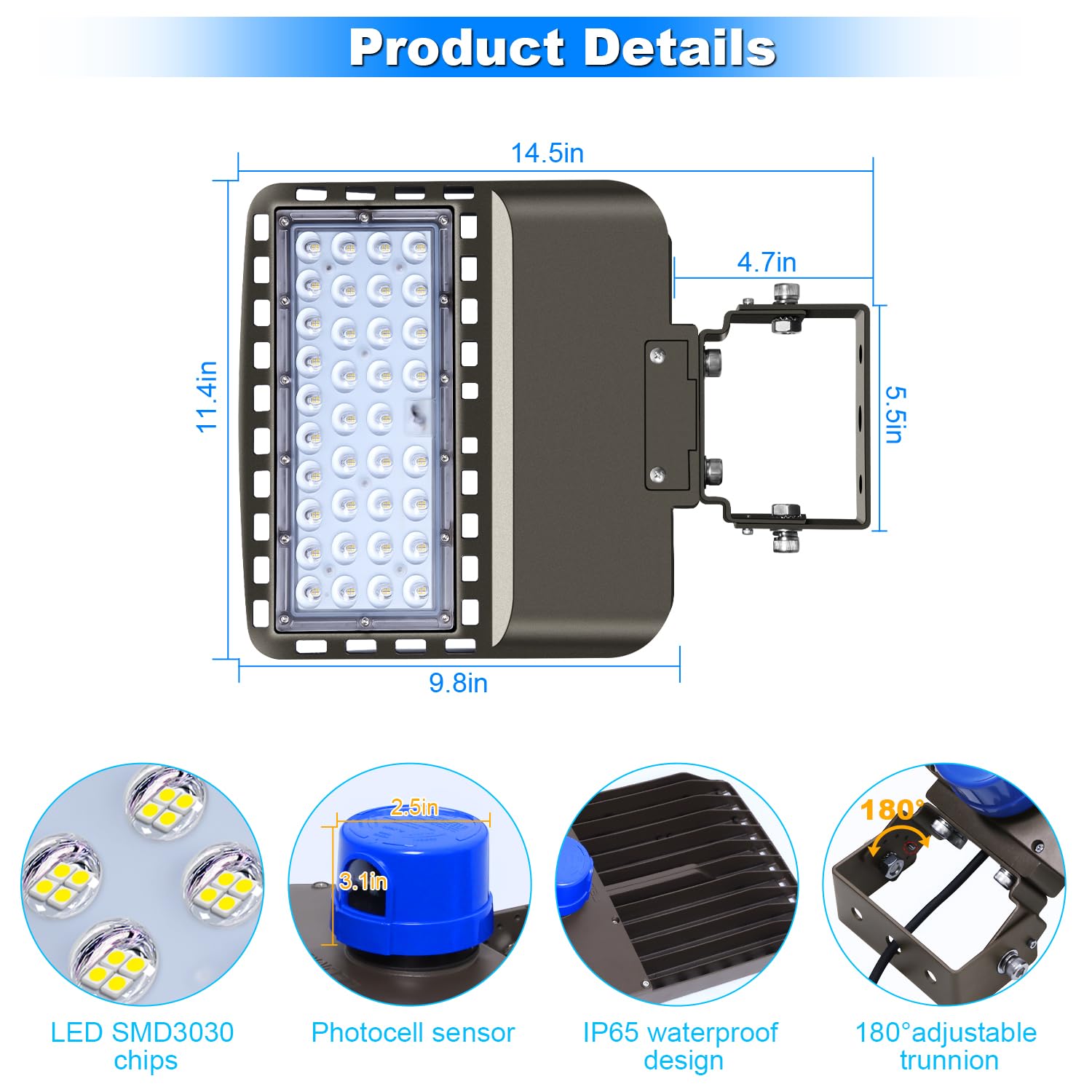 Biritalo 22500Lm Led Parking Lot Light Trunnion Dusk To Dawn 150W Led Floodlights Outdoor Wall Mount Security Commercial 85-277V