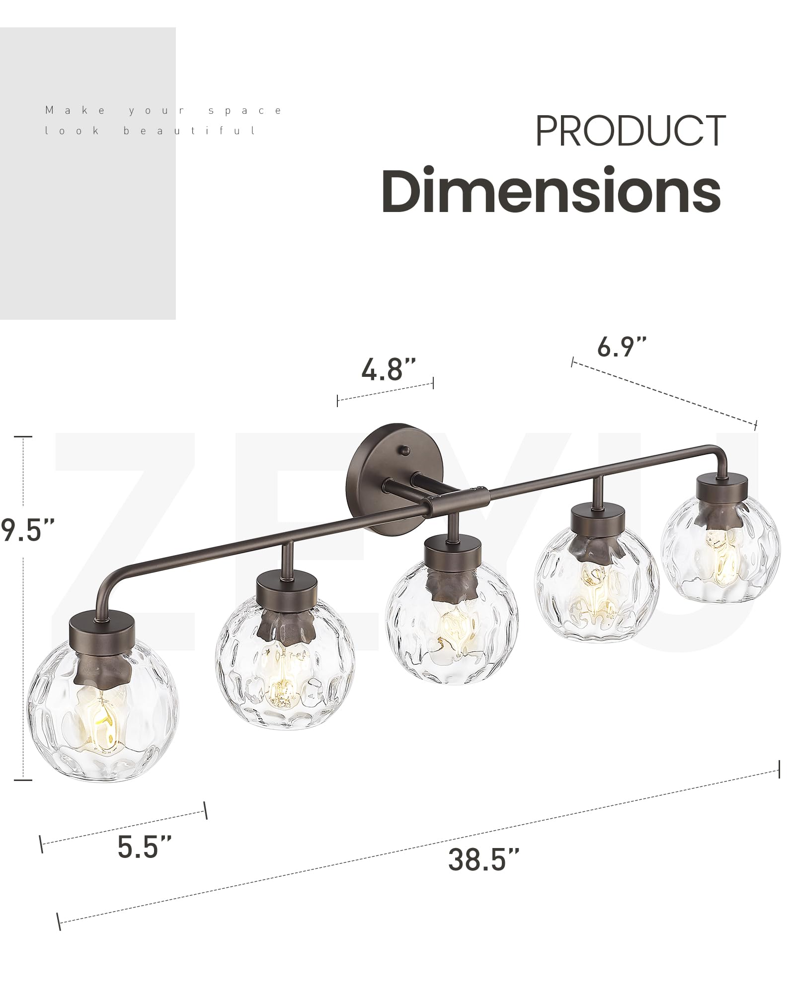 Zeyu 38.5 Inch Farmhouse Bathroom Lighting Fixture  5-Light Bathroom Vanity Light  Oil Rubbed Bronze Finish With Water Ripple Globe Glass  Zs62Bg-5W Orb-Wg