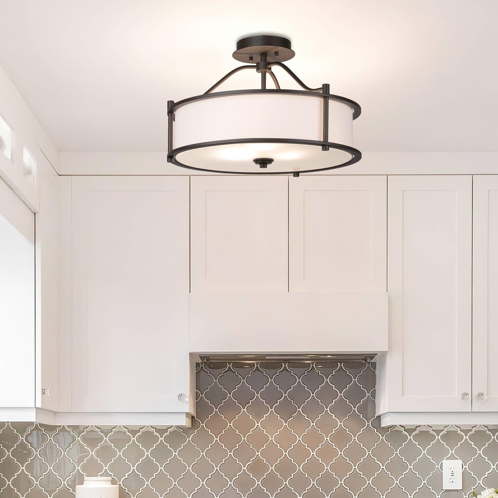 Xinbei Lighting Semi Flush Mount Ceiling Light 18 Inch 3 Light Close To Ceiling Light With Fabric Shade And Frost Glass Diffuser