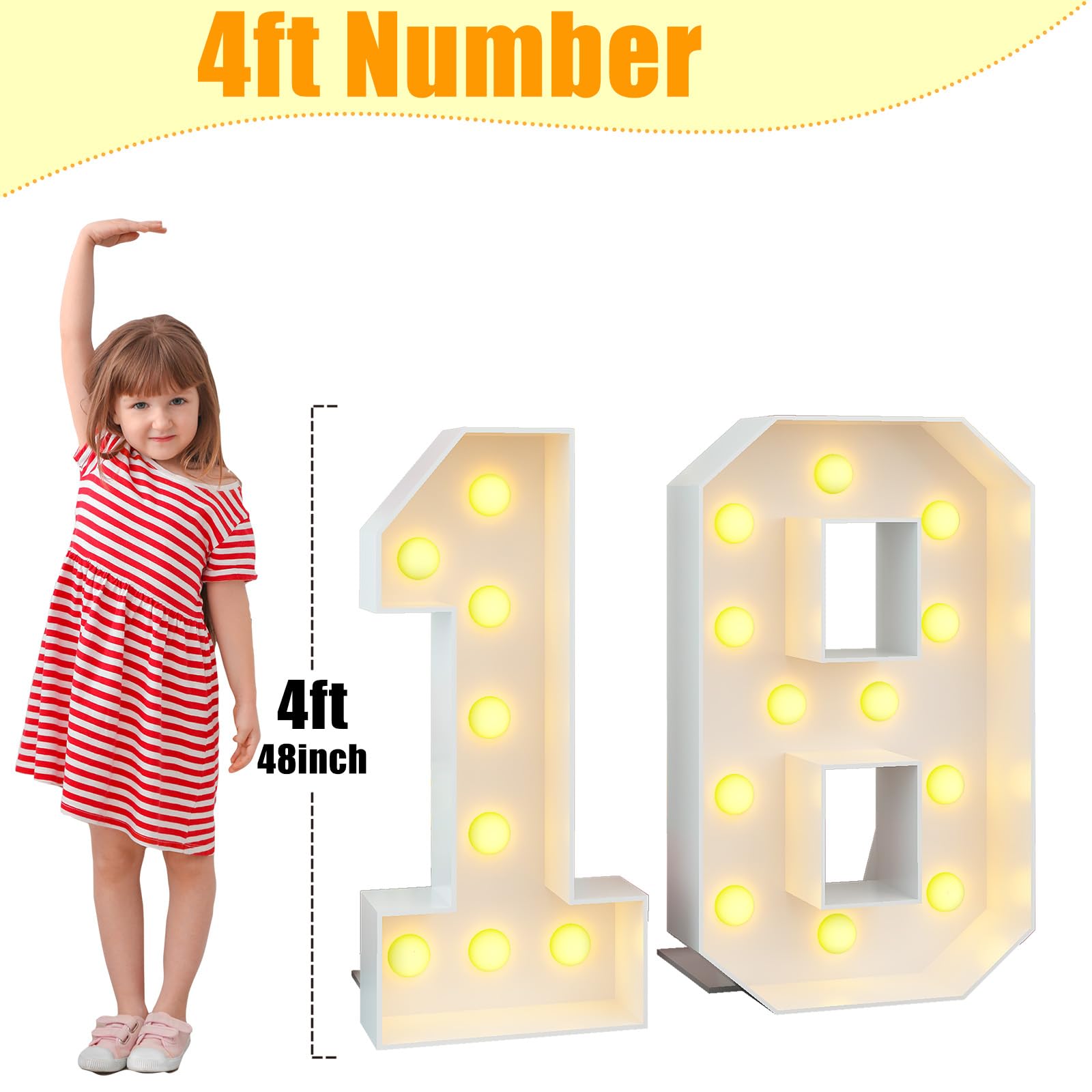4Ft Light Up Numbers 18 Large Numbers With Lights Bulbs White Marquee Frame For 18Th Party Boys Girls Birthday Decorations Pre-Cut Mosaic Cardboard Giant Cut-Out Thick Foam Board Sign Anniversary