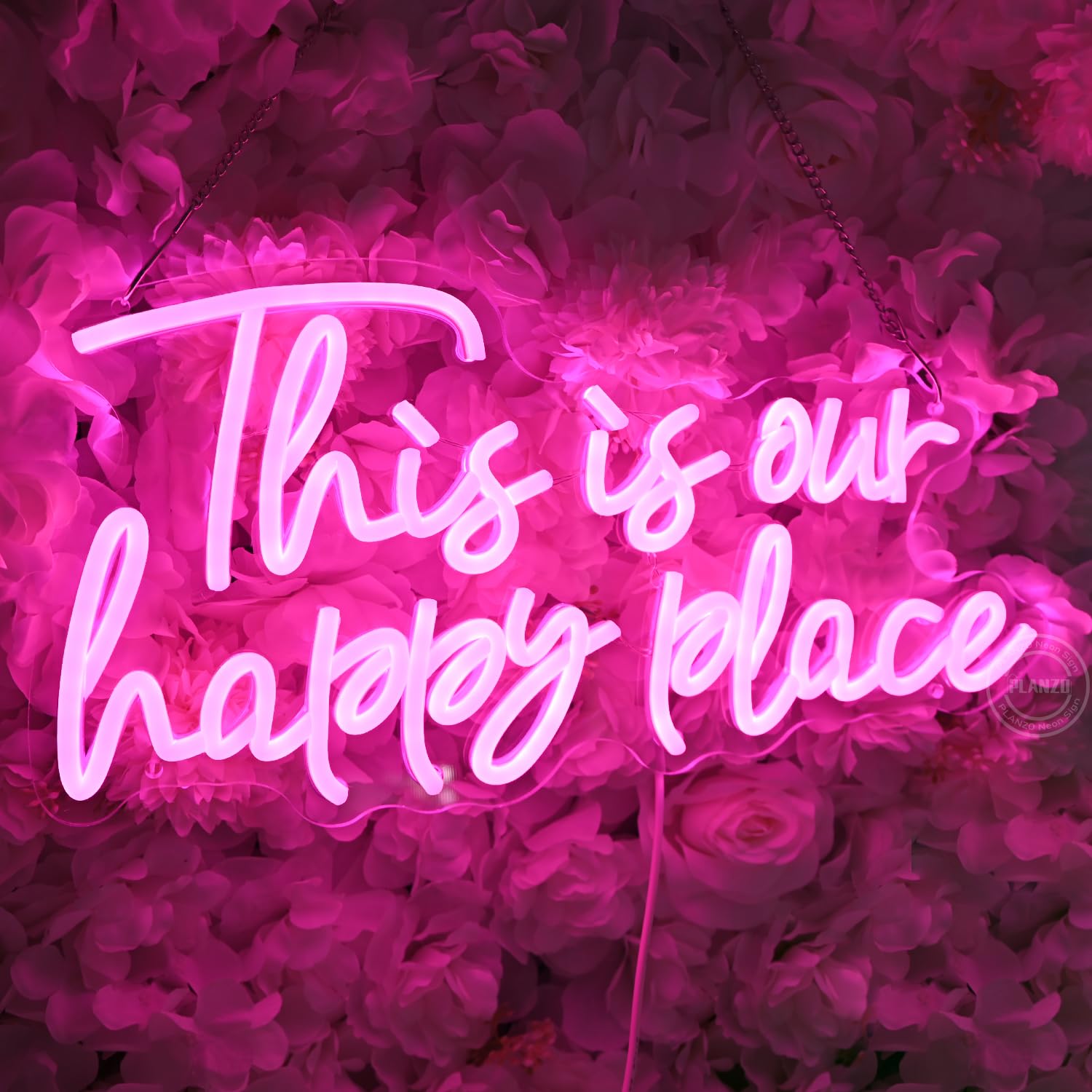 Planzo Neon Wall Sign, inThis is Our Happy Placein, Pink LED Acrylic, 16.54 x 8.07 inches, Home Bar Decor, Wedding Party Gift
