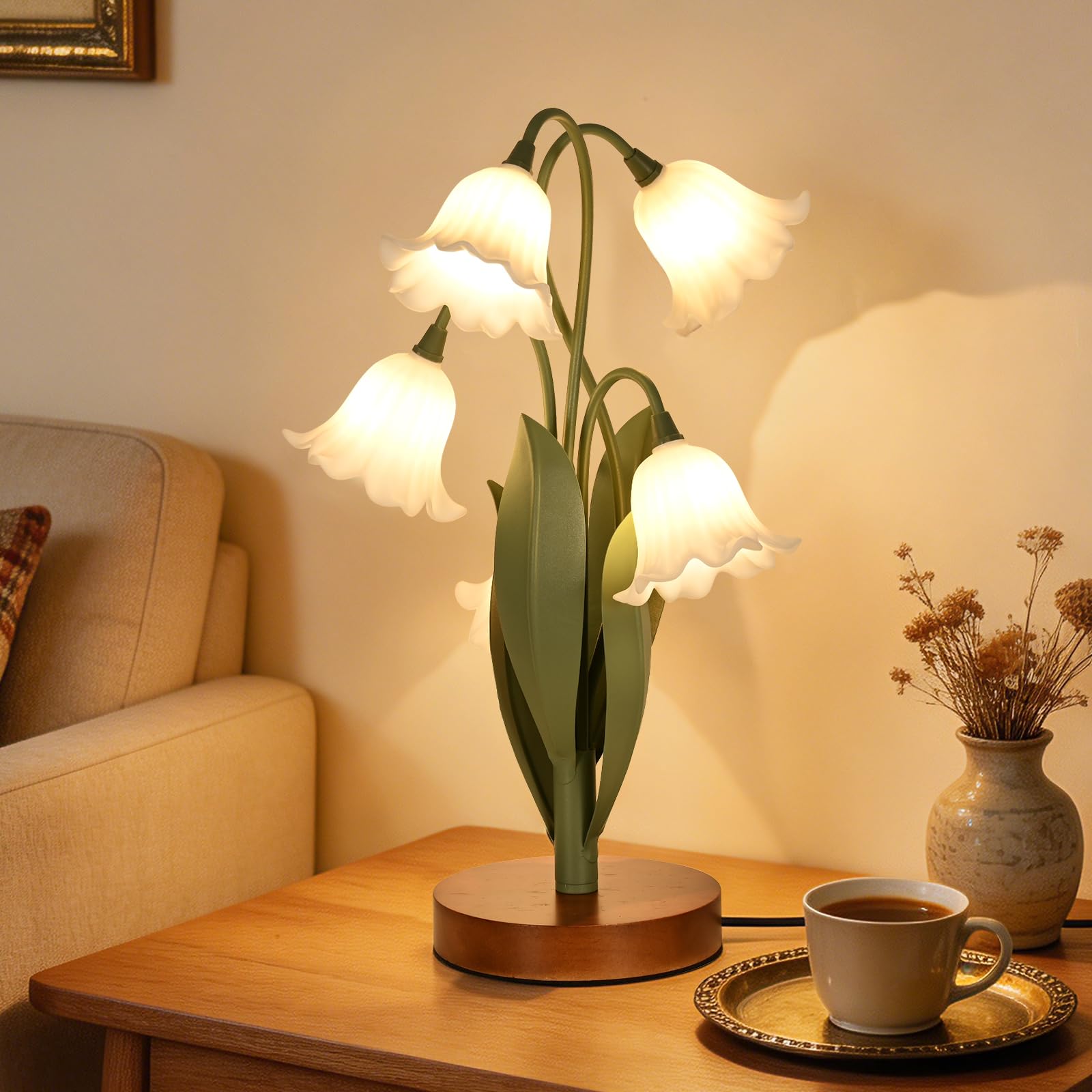 Flower Table Lamp for Bedroom,Cute Reading Light with 5 Wind Chime Grass Flower of The Valley,Desk Lamp Bedside Lamps for Nights