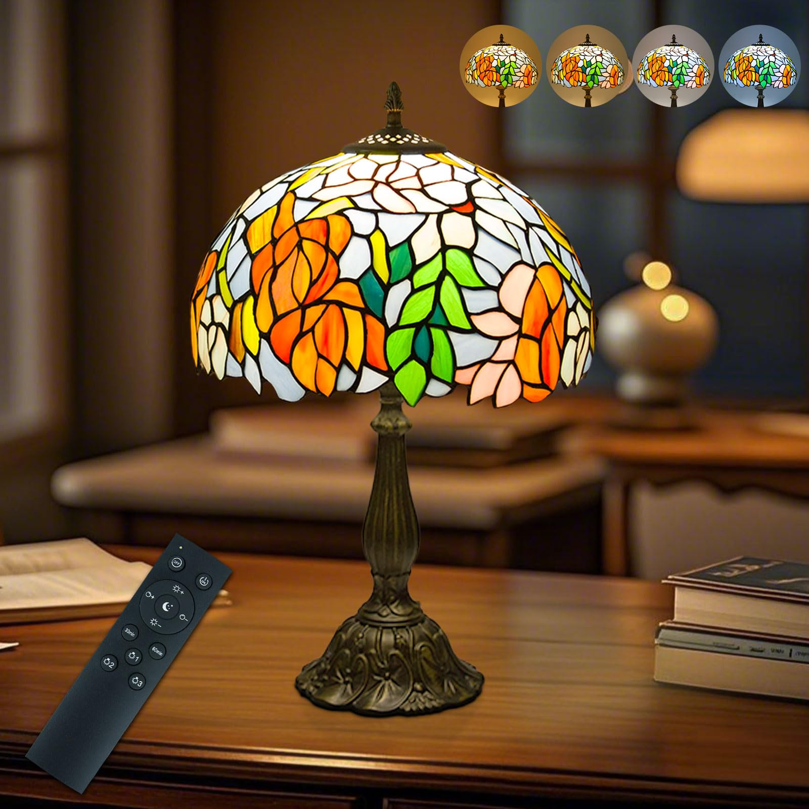 12 Inch Tiffany Table Lamps with Remote Control, Stained Glass Lamp with Stepless Dimmable Colors Temperature & Brightness for L