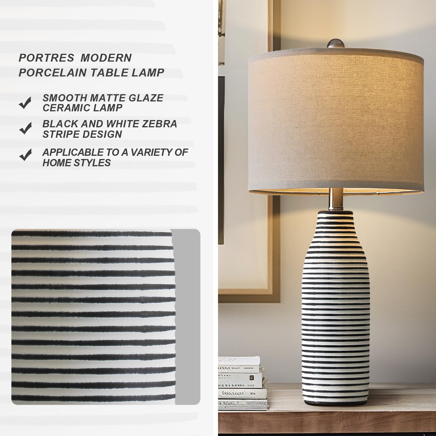 Portres 25'' Ceramic Table Lamp For Living Room Bedside Lamps For Night Stands Modern Lamps For Bedroom With Rotary Switch Black