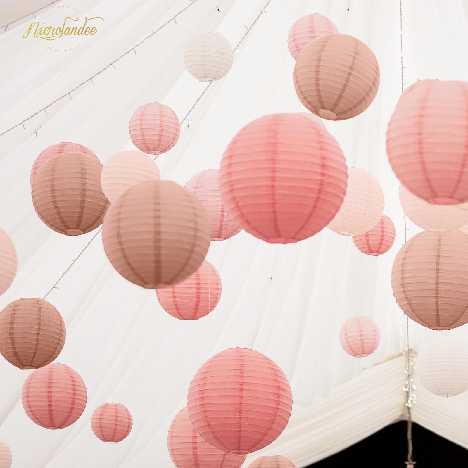 Nicrolandee 12Pcs Rose Gold Paper Lanterns - Vintage Floral Hanging Decorations For Weddings, Baby Showers, Anniversaries, And Birthdays