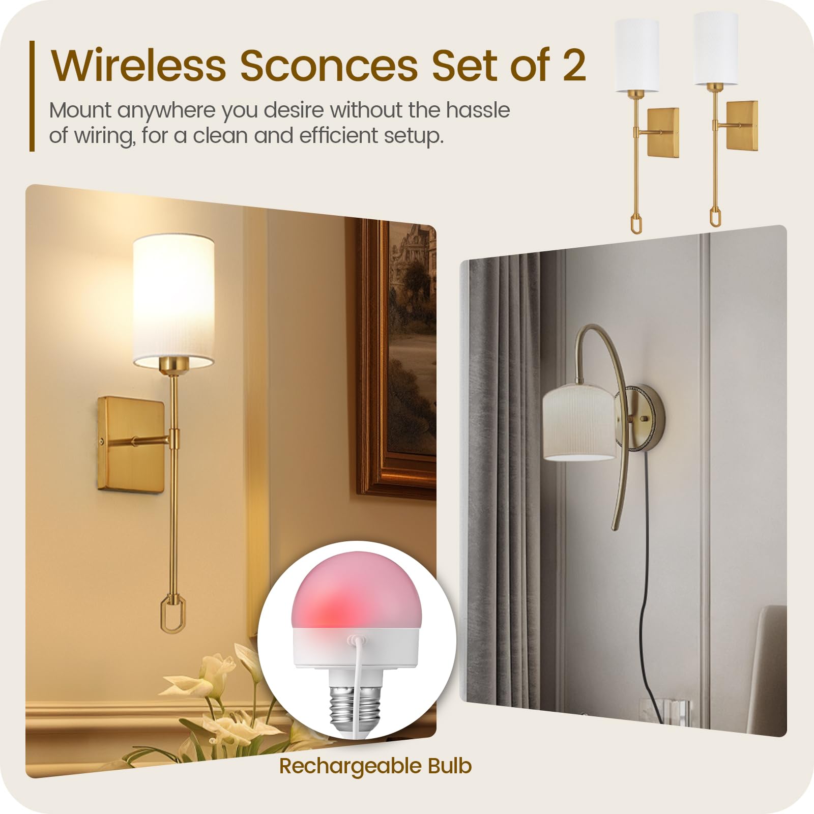 Goebleson Wireless Wall Sconces Set Of 2, Battery Operated Wall Lights, Rechargeable Wall Lamps With Remote, Dimmable Rgb Led Bu