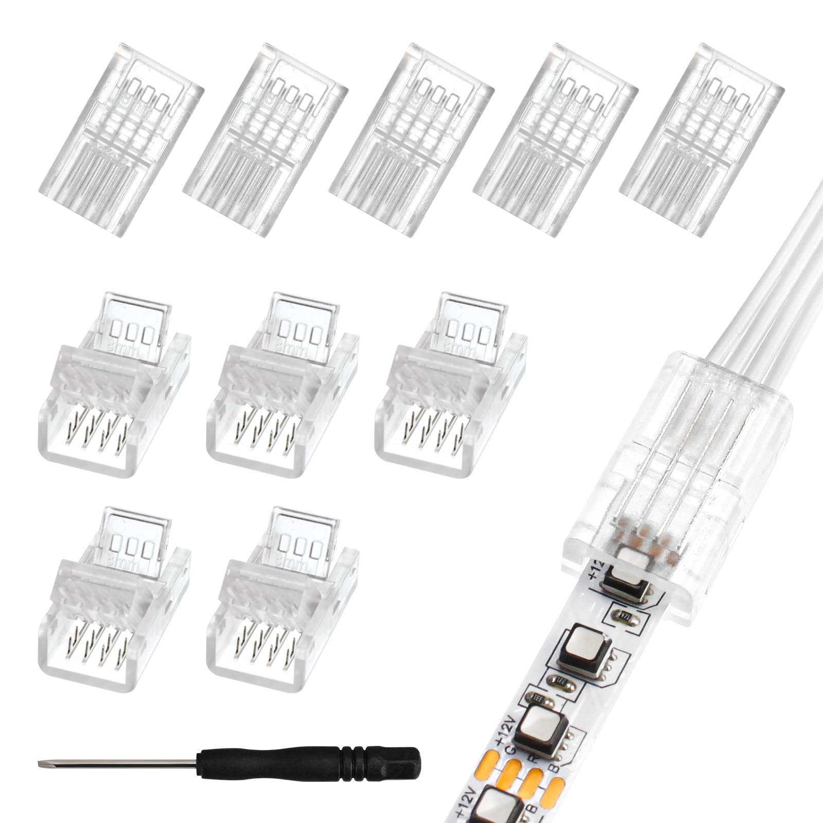RGBZONE 10Pcs LED Strip Connector 4 Pin 8mm,Wide Strip to Wire Quick Connectors for Waterproof or Non-Waterproof 8mm Wide RGB SMD 5050/3528 LED Light Strip
