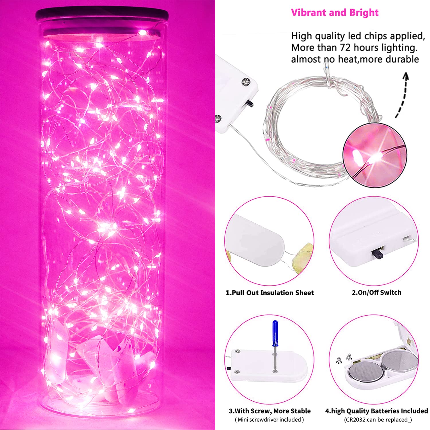 15 Packs 20 Led Pink Fairy String Lights Battery Operated 6.6ft Silver Wire Firefly Starry Lights Waterproof for Bedroom DIY Tab