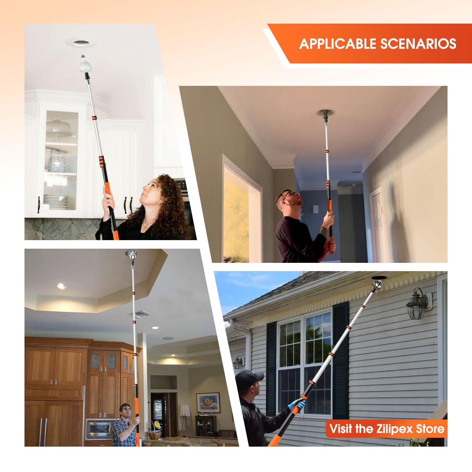 Zilipex Light Bulb Changer - 20ft Telescopic Extension Pole Tool, Aluminum, Black, 3-12ft with Baskets and Suction Cup