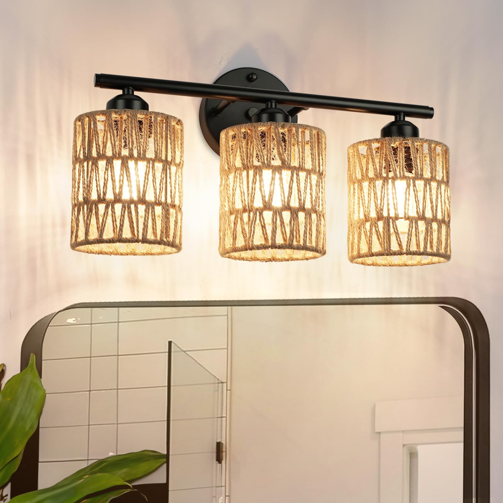 Frideko 3-Light Bathroom Vanity Light Fixtures, Modern Rattan Bathroom Lighting Fixtures Over Mirror, Boho Wall Sconces With Wov