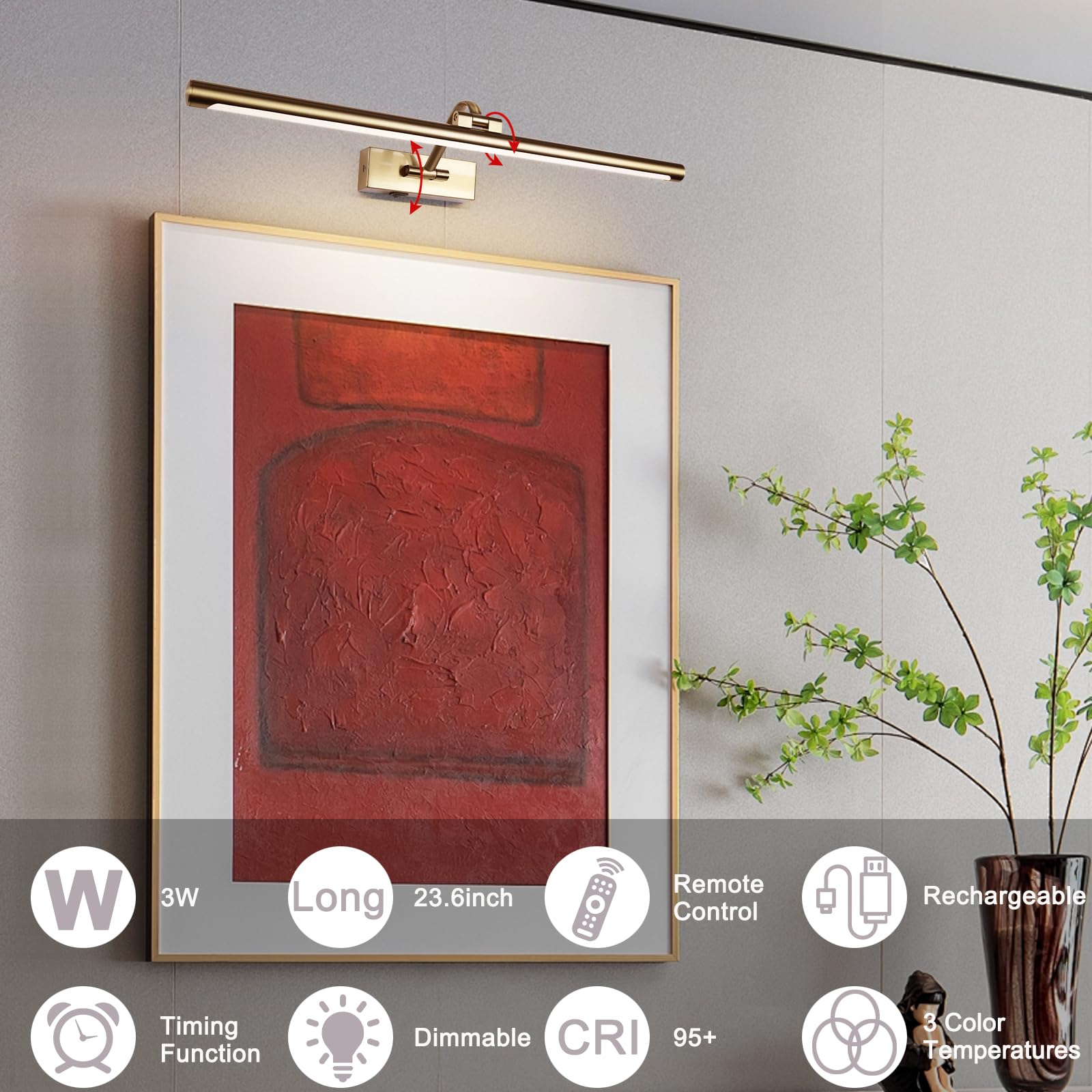 yumcrelect 5W LED Wireless Picture Light - 23.6 Inch Brass Battery Operated Art Light with Remote & Timer, Model 6310