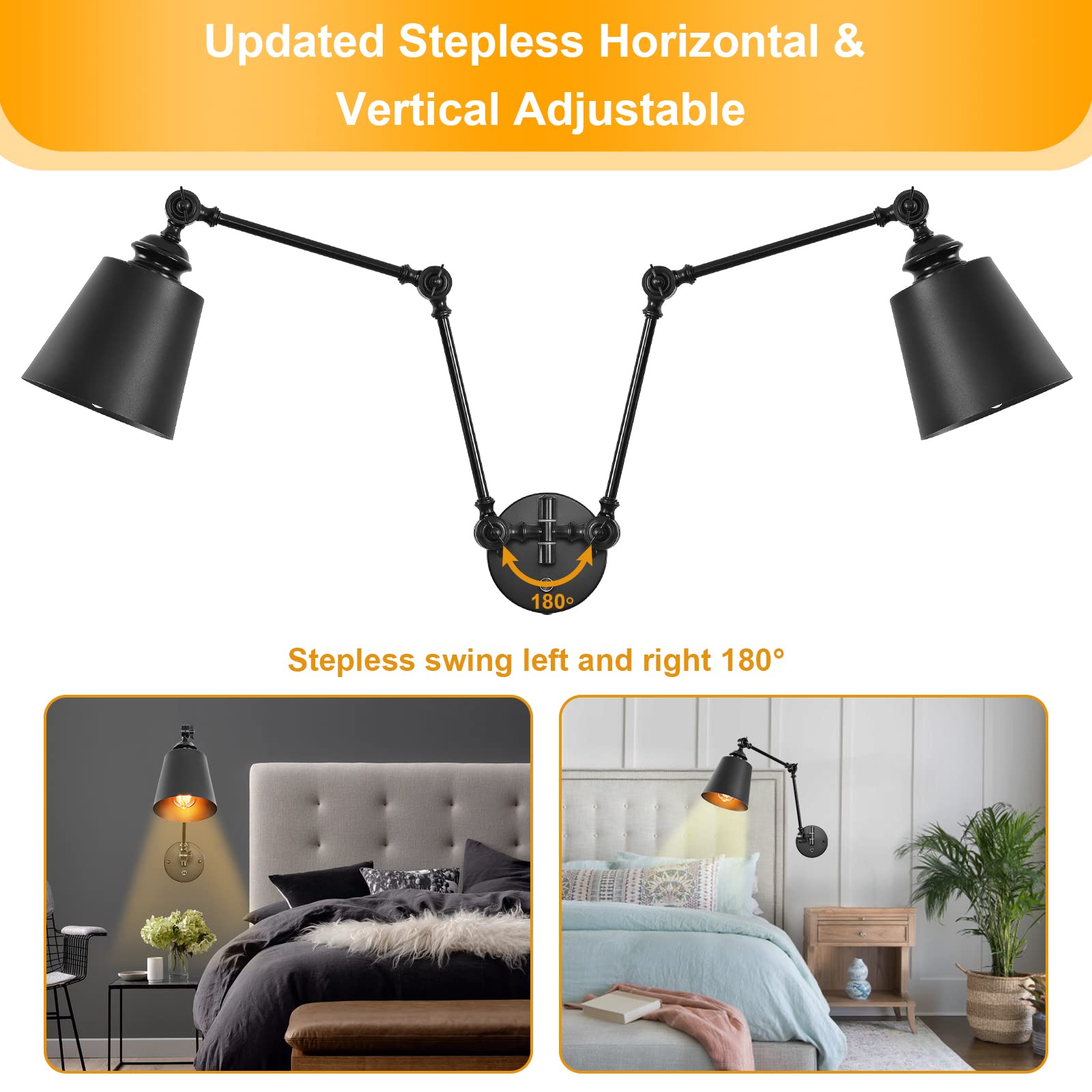 Hoxiya Dimmable Swing Arm Plug In Wall Lamps Set Of 2, Plug-In Wall Sconce With Dimmer Switch Cord, Matte Black Metal Industrial