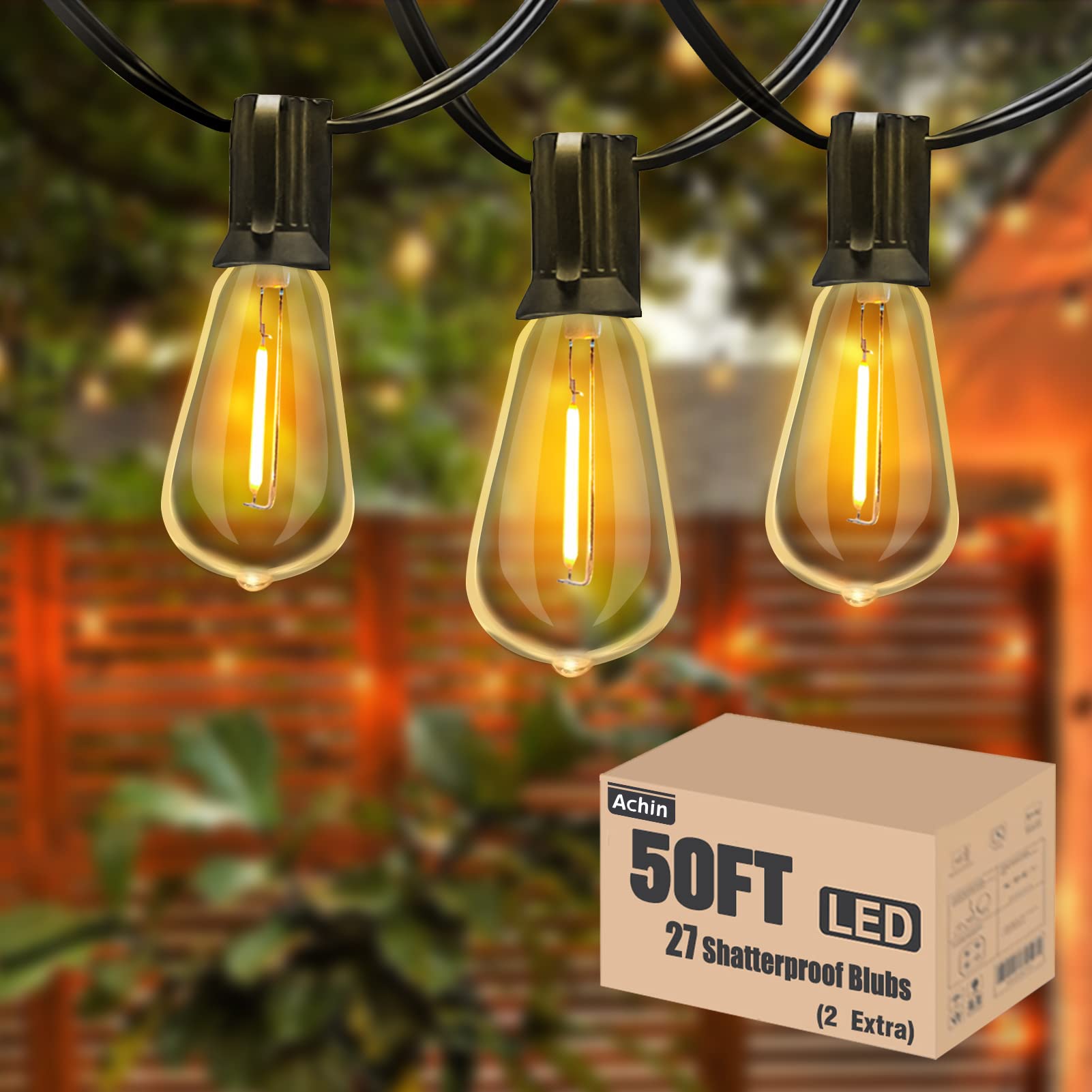 Achin Outdoor String Lights 50ft LED Dimmable ST38 Warm Waterproof with 25 Shatterproof Bulbs Black
