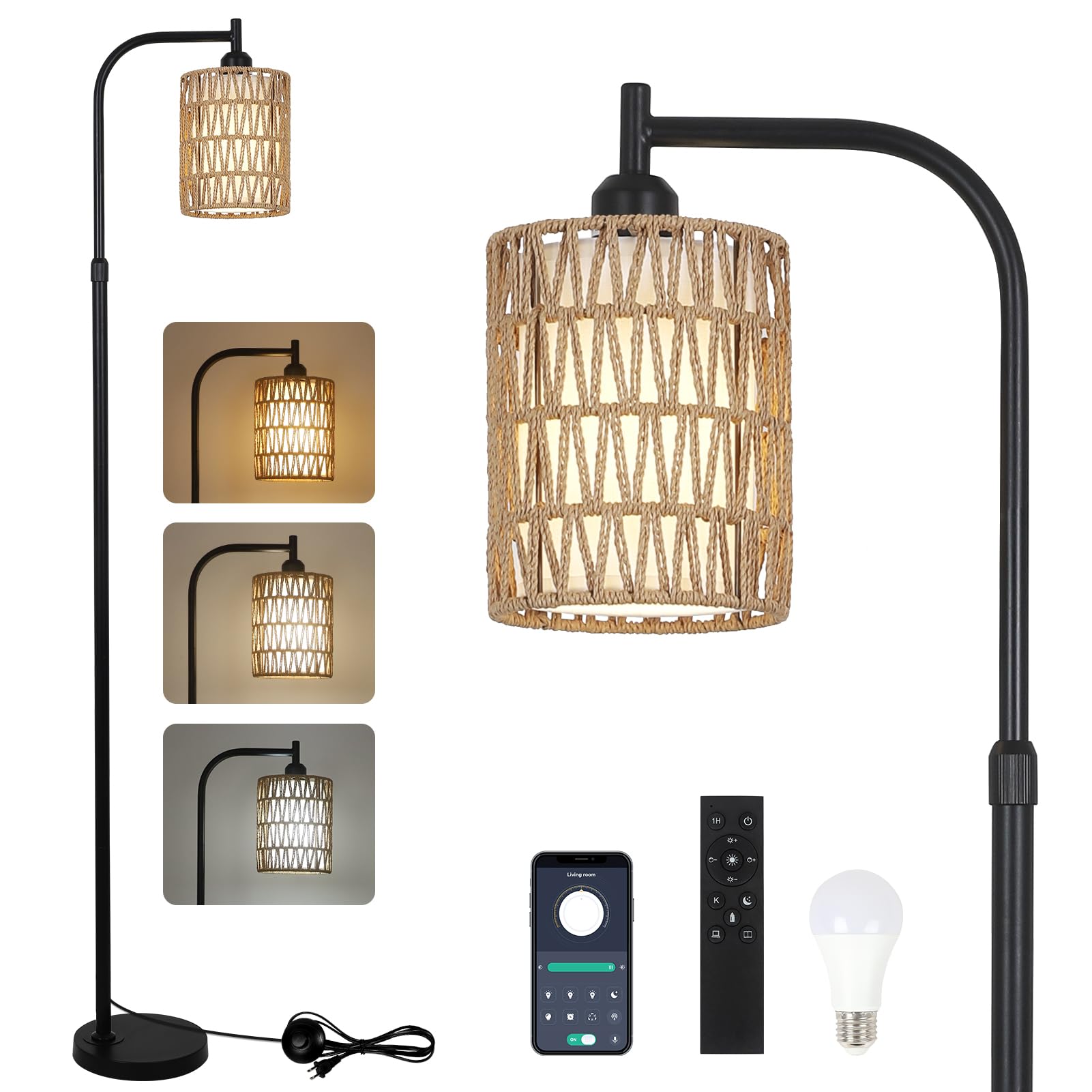 LAMSU Floor Lamp with Remote, Dimmable Rattan Floor Lamp with LED Bulb, Industrial Black Tall Pole Lamp with Rattan & Fabric Sha