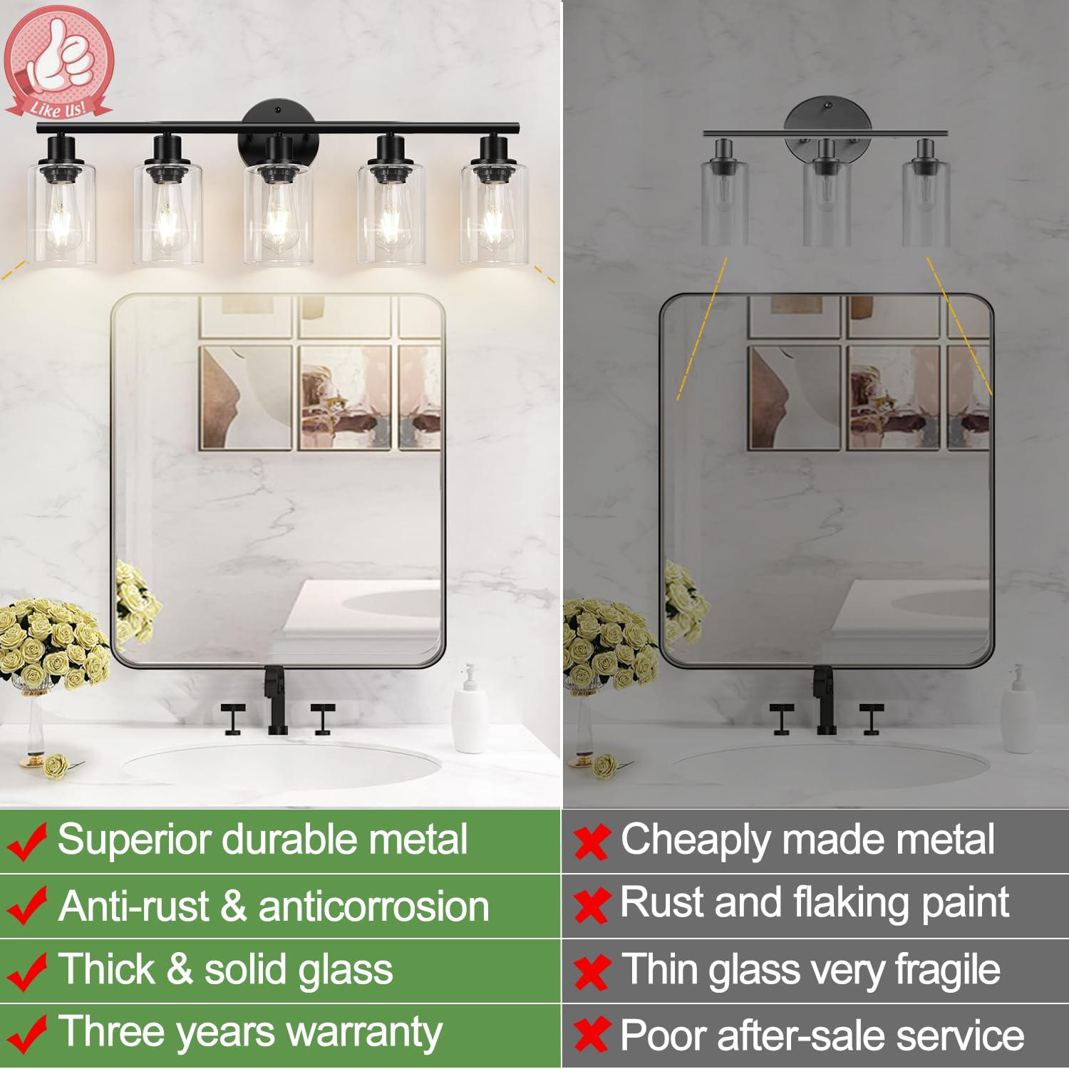 Zarbitta 5-Light Bathroom Light Fixture, Matte Black Modern Vanity Lights with Clear Glass Shade, Model YX-059