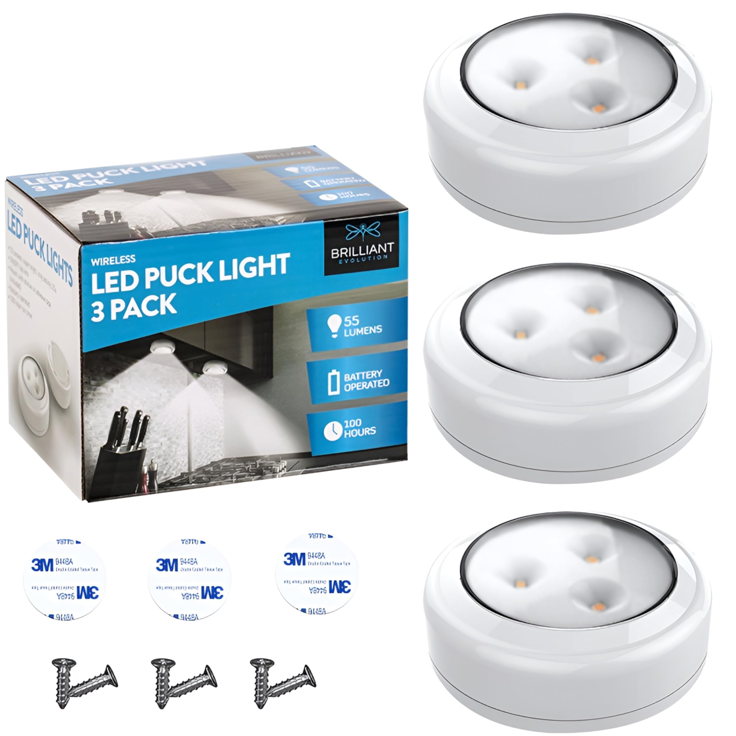 Bright Evolution Under Cabinet Lights - Battery Operated Cabinet Lighting with Tap Technology - LED Puck Lights for Kitchen - St