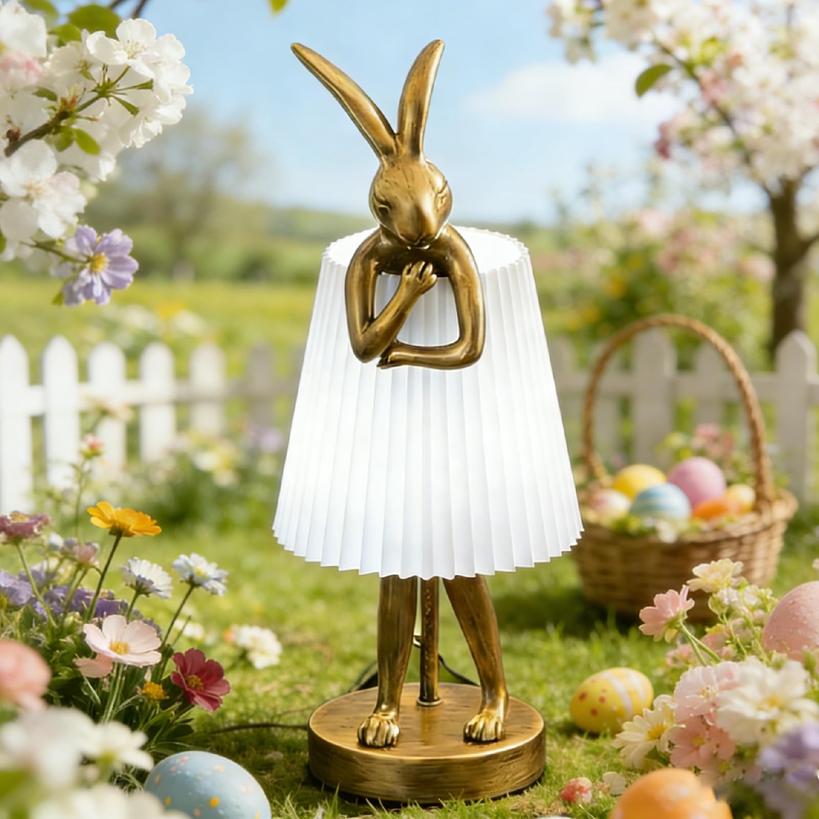 Easter Bunny Lamp, Rabbit Table Lamp for Bedroom, 15.7 Vintage LED Desk Light with Linen Lampshade, Cute Animal Night Light Gift