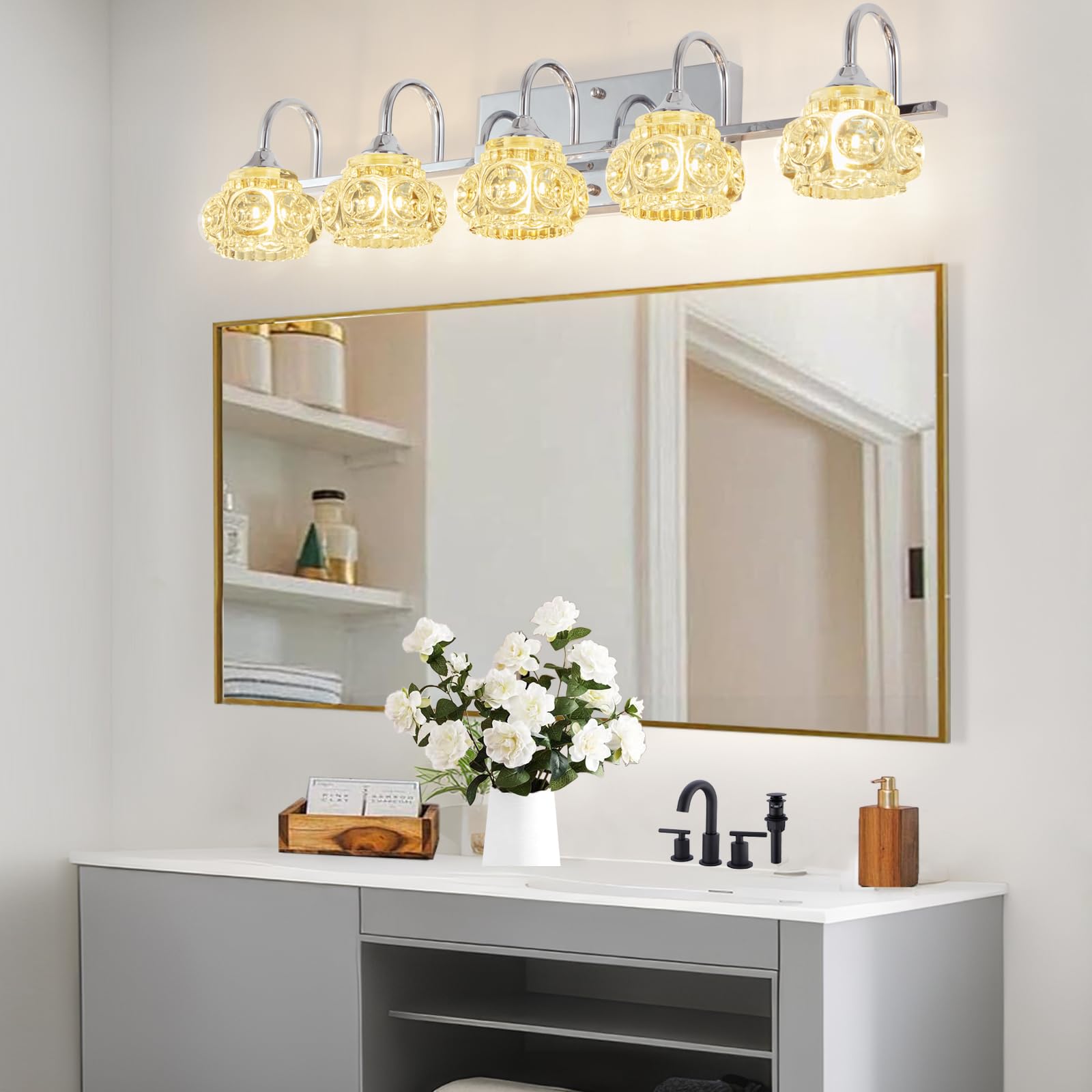 Dikaida 5-Light Bathroom Light Fixtures, Nickel Vanity Lights With Crystal Glass Shade, Polished Chrome Bathroom Lights Over Mir