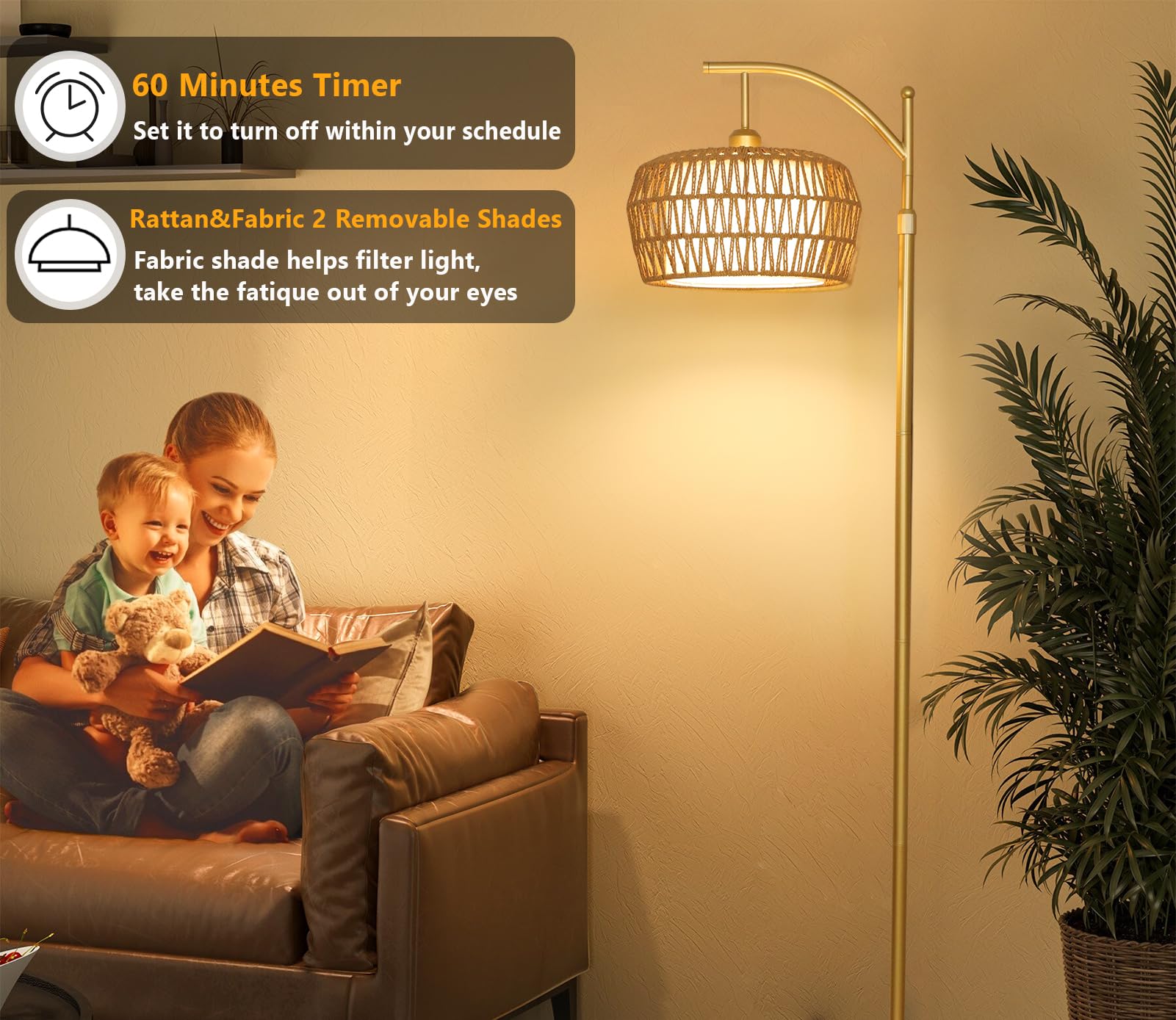 Lamsu Gold Floor Lamps For Living Room, Boho Rattan Floor Lamp With Remote And Dimmable Bulb, 3 Color Temperatures, Modern Arc S