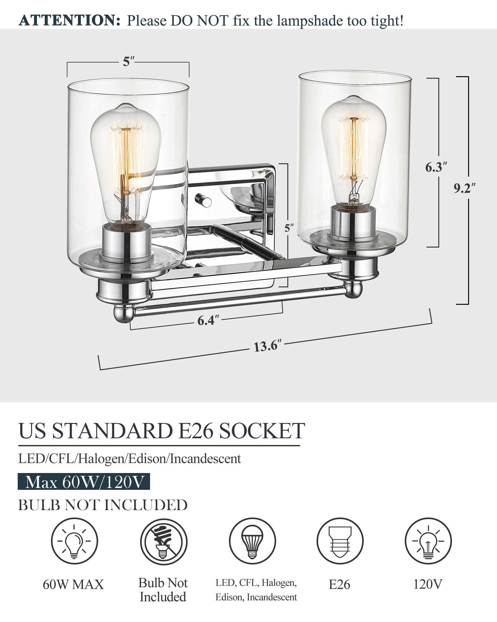 Hwh 2-Light Chrome Vanity Wall Sconce Lamp With Clear Glass Shade - Modern Bathroom Lighting